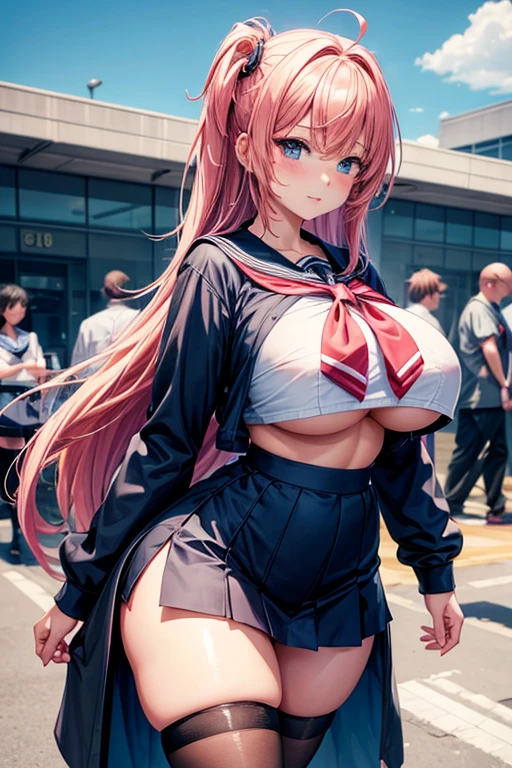4k high resolution, anime young girl, hentai, school uniform, big boobs, tight clothes, boobs bulging out of school uniform clothes, big thighs, sexy, age anime girl
