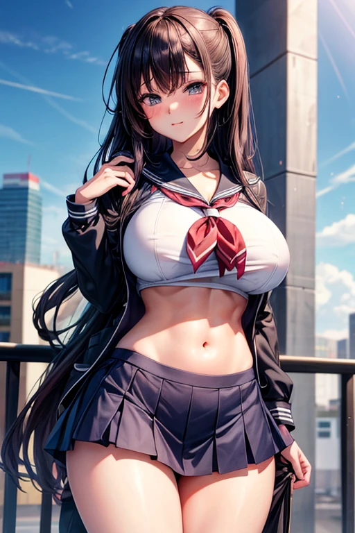 Rin Tohsaka, his face turned red very excitedly, fully body, Artwork, make-up, aretes, Some accessories, looking the viewer, top quality picture, super resolution, High definition, 4K, Full HD, well-defined and detailed image down to the smallest detail, she is wearing a red sleeveless blouse that shows her belly and navel and her shoulders with long black sleeves, beige vest with collar in the style of fine sportswear and red bow tie, her breasts are exposed in a small cleavage, A sexy, short black skirt makes her even sexier, tall brown socks, with two black bows on top of the head, she is standing looking at the viewer playing with a lock of her hair, On the school terrace, gerar imagem de fully body, flegs , hands, well-defined and well-drawn arms and feet

