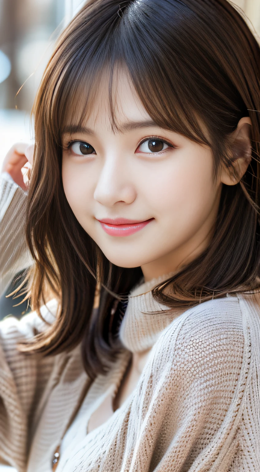 masutepiece、Best Quality、Illustration、 Ultra-detailed、finely detail、 hight resolution、8K Wallpaper、Perfect dynamic composition、29 year old cute girl、detailed beautiful faces、detailed cute eyes、Textured skin、discret smile、Wavy short hair、tiny chest、Bold sexy poses、Winter casual wear、