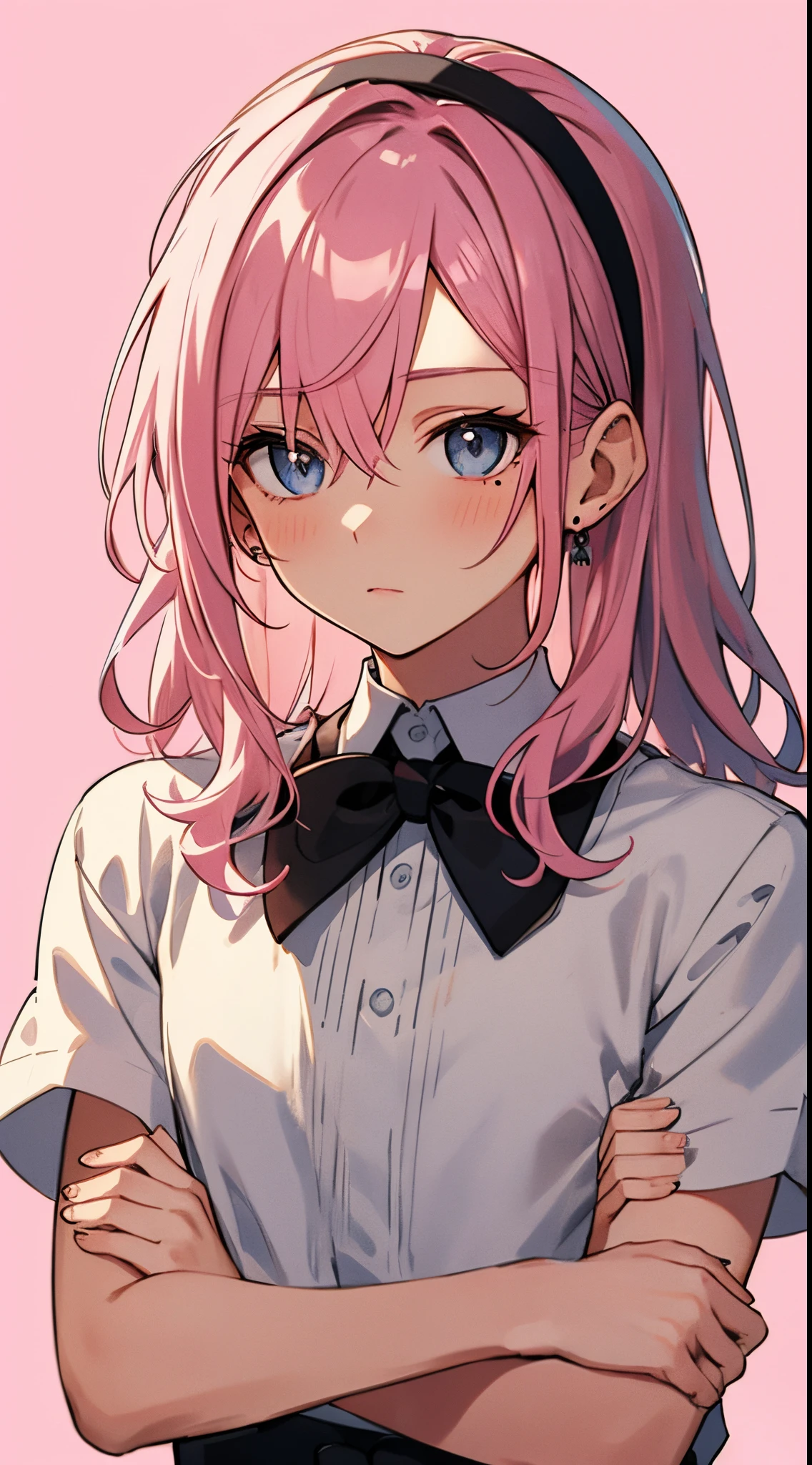 pink hair, medium hair, headband, small body frame, blue eyes, studio background, formal fashion, mole near eye, arms crossed, soft skin, [[[[mole near eye]]]]] ultra detailed, best quality.