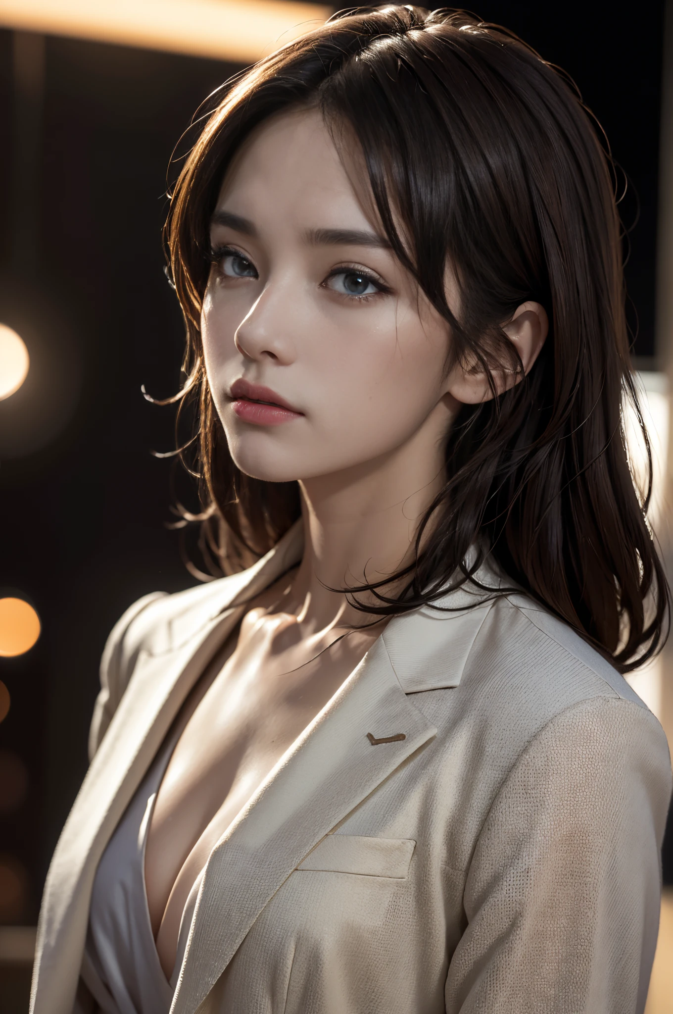 (Photoreal Stick:1.5, masutepiece:1.5, 8K), top-quality, masterpiece, 超A high resolution, Perfect dynamic composition, Professional camera work:1.3, Grow Light Effect, Mystical portrait:1.3, Cinematic Light, Highly detailed skin and facial texture:1.3, The ultra-detailliert, Model body type, Clear face, Detailed hand, Beautiful and detailed eyes, looking away from viewer, Totally loves you, Black Tailored Suit, Suit jacket, V-neck shirt, night view at night, dark brown hair, Small breasts, Close-up portrait