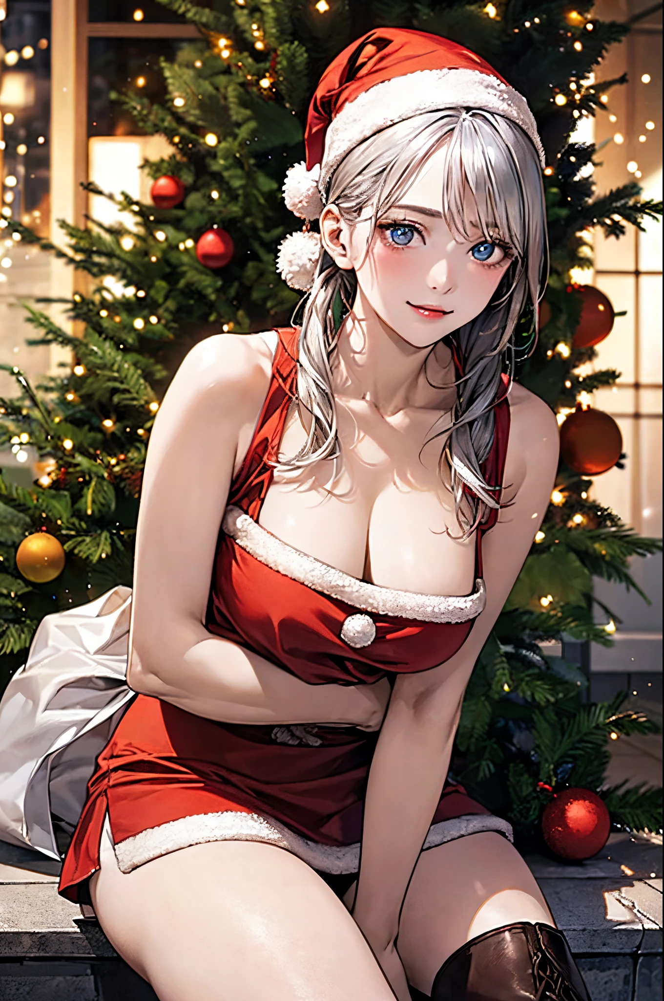 (masterpiece:1.2, top-quality), (realistic, photorealistic:1.4), beautiful illustration, NSFW, looking at viewer, cowboy shot, front view:0.8, 
1 girl, japanese, high school girl, beautiful hair, beautiful face, beautiful detailed eyes, blue eyes, blond hair, round face, 
(short hair with shiny silver and orange stripes, ponytail twisted buns adorned with elaborate braids and beads, braided setup fishbone hair), (see-through bangs), 
beautiful clavicle, beautiful body, beautiful chest, large :0.8, beautiful thighs, beautiful legs, beautiful fingers, bare thighs, (thick thighs, large valleys), 
(beautiful scenery), christmas night, indoors, bedroom, (christmas tree:1.3), 
((metallic red santa costume, santa style short skirt, santa style tank top, santa style hat, santa style boots)), 
(swollen), ((seductive posture:1.2, attractiveness:1.2)), 
(erotic, upper e, laugh), shiny skin, sitting, leaning forward, 
perfect face, cute and symmetrical face, natural side lighting, movie lighting), depth of fields,