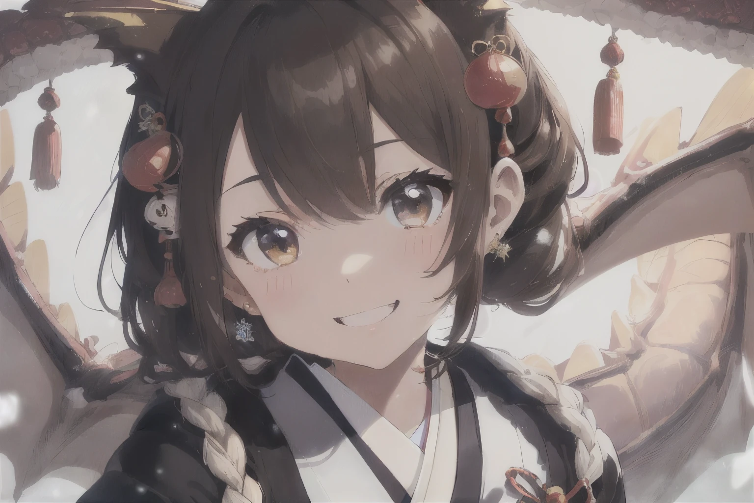((Brown hair)),((Braided shorthair)),((With black eyes)),Slight red tide,(Japanese clothes with open chest:1.5),(Komono:1.25),(fluffy cloak),(stylish five finger gloves:1.2),(Ruffled ornament:1.25),(Accessories and hair ornaments with flower motifs),(Usamimi:1.7),(Watch with a smile),(active movement:1.25),It's snowing a little,(The color of the clothes is pink, white, Light purple, and yellow..),Kamimei,(close up of face:1.25),(Illustration of an oversized dragon in the background:1.5),(New Year'Atmosphere of:1.25),(i'I'm looking at you with open arms:1.25),