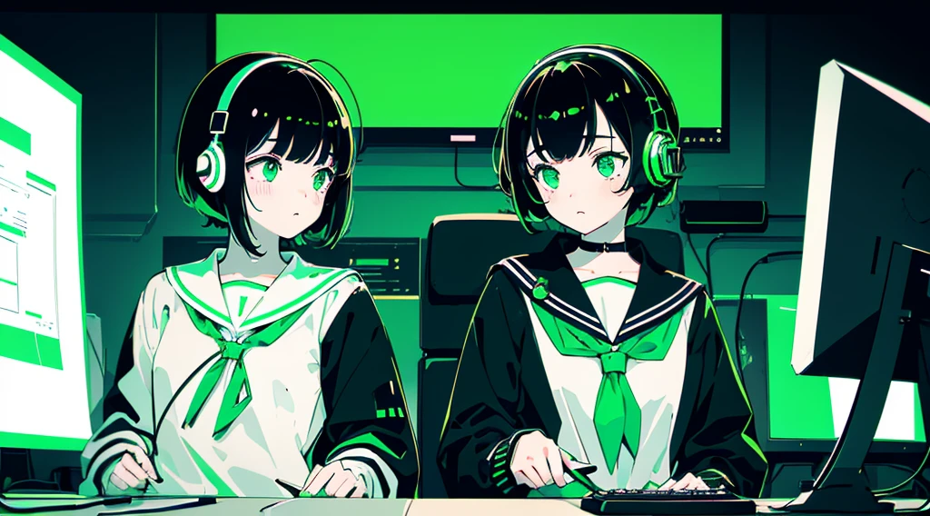 (2 girls, black hair, green eyes, sailor suit, headphone, sitting in a chair, kawaii), (green cyberpunk, room with big monitors, green neon), (low contrast, chromatic aberration, flat color, limited palette, ligne claire)