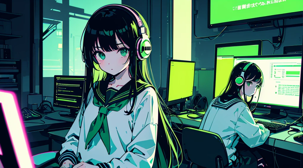(2 girls, black hair, green eyes, sailor suit, headphone, sitting in a chair, kawaii), (green cyberpunk, room with big monitors, green neon), (low contrast, chromatic aberration, flat color, limited palette, ligne claire)