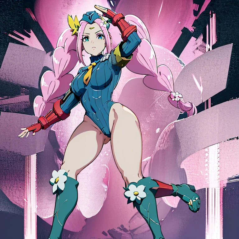 ultra-detailed, Explicit, Beautiful body, Beautiful Nose, Beautiful character design, perfect eyes, perfect face, ultra highres, 4K, beautiful legs, perfect legs, Nice hands, Perfect hand, Masterpiece, Best Quality, Highly detailed, illustration, absurdres, street fighter, doll suit, shadaloo doll, dollsuit, girls, multiple girls, expressionless, blank eyes, looking at viewer, red gloves, emotionless, black latex, corrution, mind control, female combatant, full body, hypnotized, unhappy trance, full body suit, ribbed bodysuit, both arms at side, stand up straight, obey, perfect female body, extremely glossy latex, hypnosis, hypnoLora, empty eyes, Mind control device, poses, brainwashed, submissive_pose, Slave, hat, necktie, stand up straight, standing, standing at attention, belt, extending the right arm from the shoulder into the air with a straightened hand, nazi saluting, military, military saluting, salute, right hand saluting, left hand at side, latex, ribbed bodysuit, wide hip, thicc, a curvy body, garter belt, cure felice, long hair, blue eyes, hair ornament, twintails, green eyes, pink hair, braid, flower, collar, hair flower, pink eyes, twin braids, petals, magical girl, multicolored eyes, symbol in eye,
