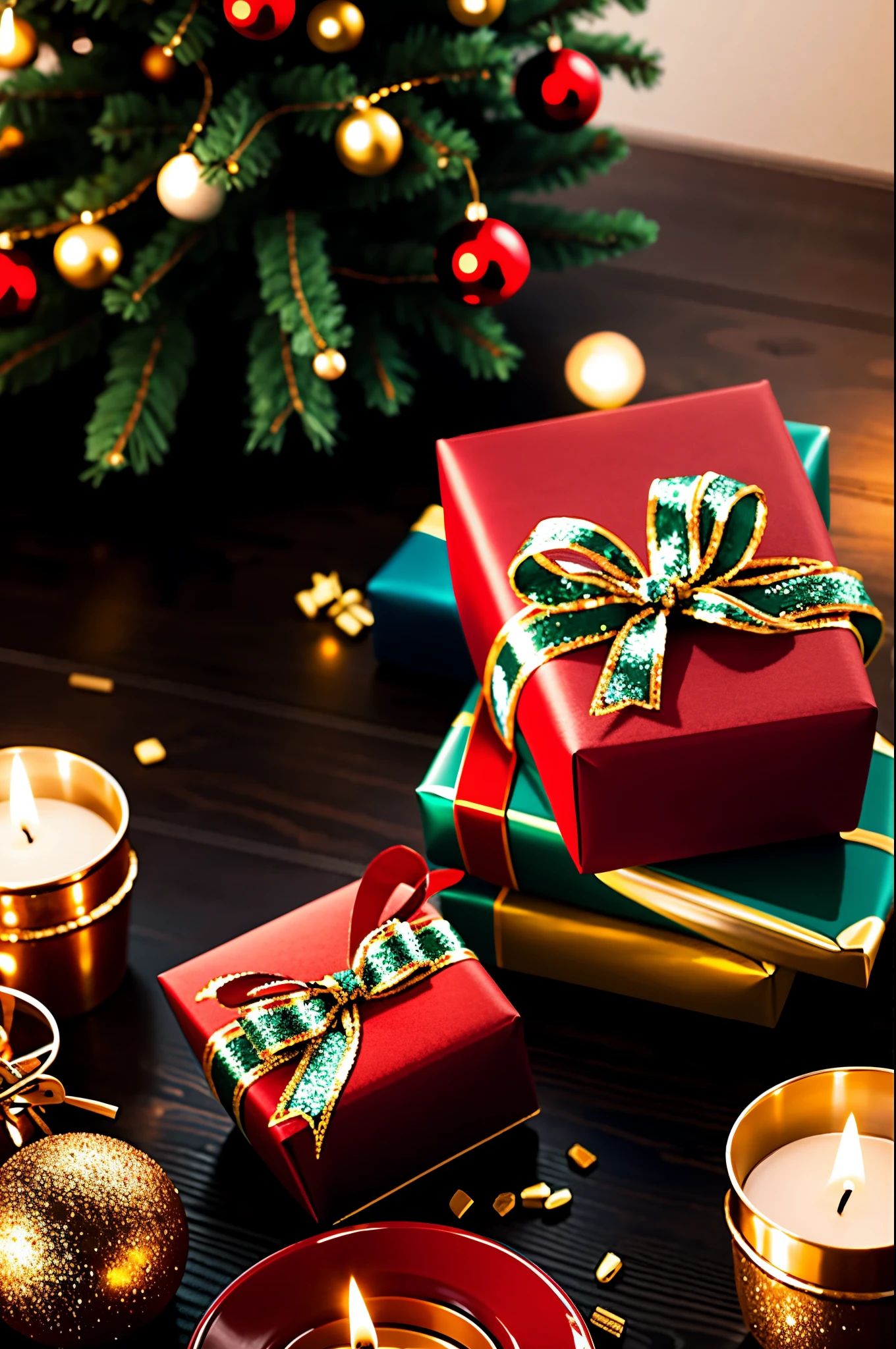 (best quality,4k,8k,highres,masterpiece:1.2),ultra-detailed,realistic,gifts,table,Christmas tree,decorations,wrapping ,bows,ribbon,presents,holiday spirit,vibrant colors,warm lighting,cozy atmosphere,toys,cards,candles,snowflakes,joyful,celebration,exquisite details,exciting surprises,shiny ornaments,sparkling tinsel,beautifully wrapped,excited children,anticipation,festive mood,magical ambiance,delightful moment,wonderful memories,family gathering,cheerful faces,Christmas magic,extravagant,abundance of presents,HDR,UHD,studio lighting,ultra-fine painting,sharp focus,physically-based rendering,professional,vivid colors,bokeh.