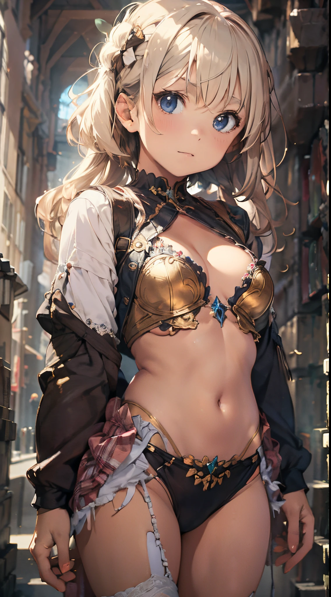 (The highest image quality, master piece:1.2), (Ultra Definition Illustration), (very cute  girl:1.3), (1 girl:1.2), Solo, short blond hair, gorgeous red bikini armor, rpgroyal,