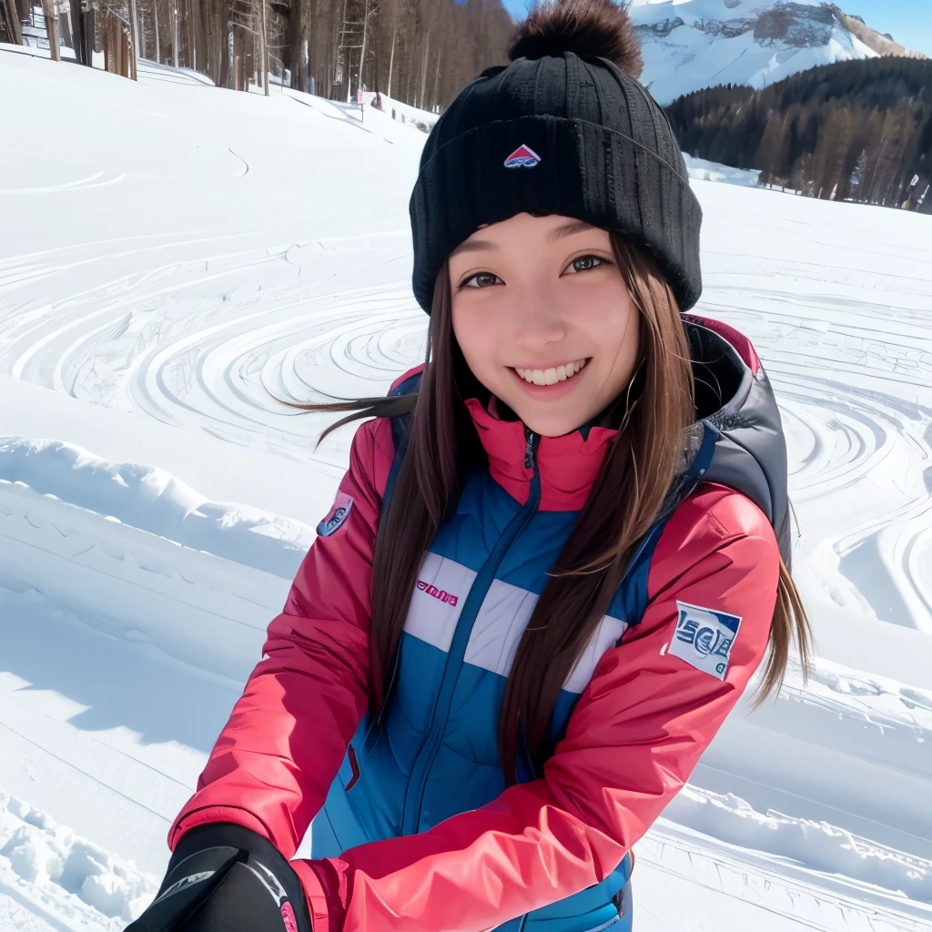 A long-haired woman wearing ski wear with a cute smile extends her hand on the slope and turns around