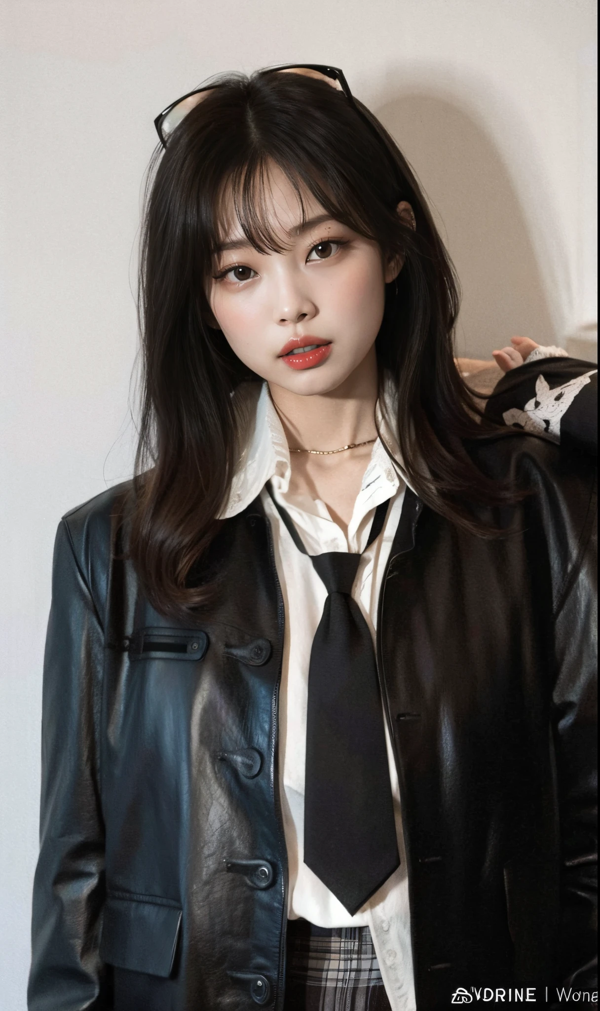 1girl, solo, hat, brown hair, sitting, looking at viewer, see-through, long hair, black headwear, skirt, jacket, brown eyes, bangs