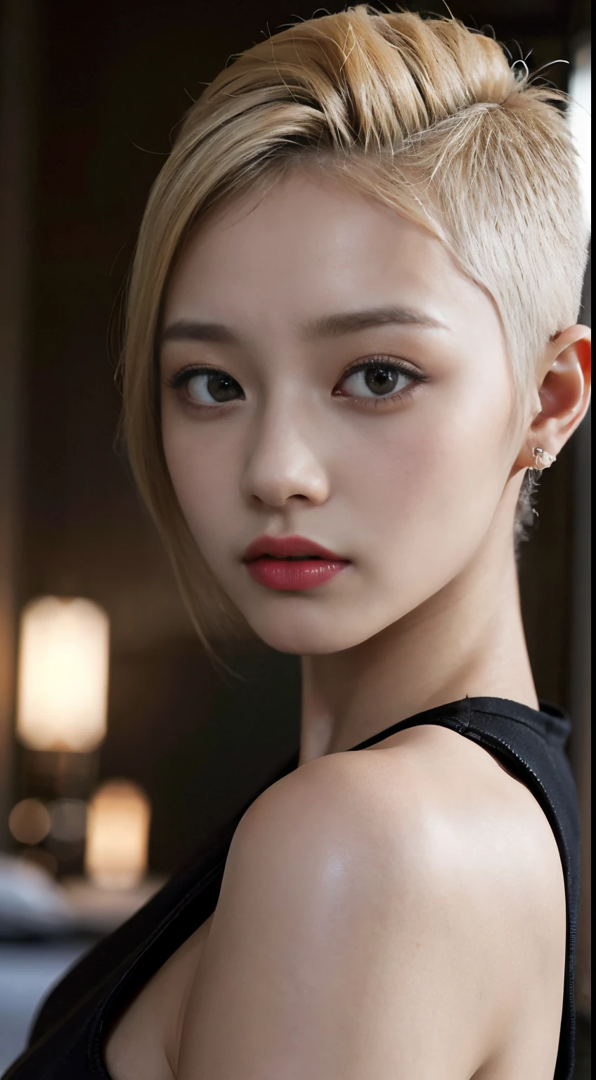 a 20 yo woman、a blond、(hi-top fade:1.3)、female soldier、dark themed、Muted Tones、Subdued Color、highly contrast、(natural skin textures、Hyper-Realism、Soft light、sharp)