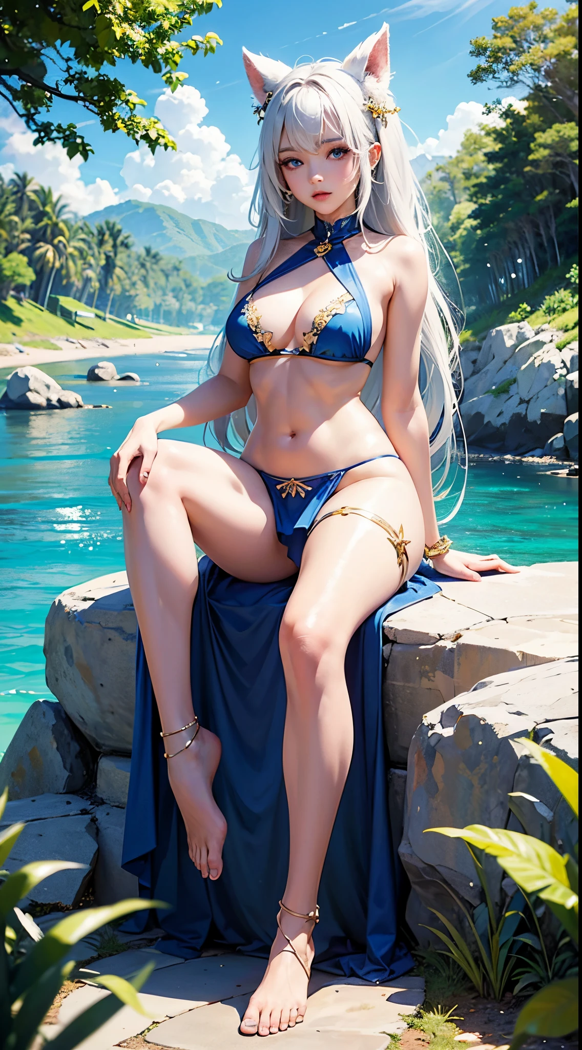 high qulity，tmasterpiece，ultra - detailed，A high resolution，，nabel，???，hand on her own ?????，，The halo，full bodyesbian，An extremely delicate and beautiful girl，wide blue eyes，Raised ????，8K，，Beth，sentado na praia，lacepantyhose,with her mouth open,,Cute nose,Cute and beautiful girl,The legs are relatively long,Big ?????,The eyes are relatively large,long whitr hair，The eyeballs are relatively large,Eyes sparkle,Tender feet,The nose is relatively large,white color hair,No shoes，prette,??????,at a forest,Long legs,Super pretty and cute face，jade foot，