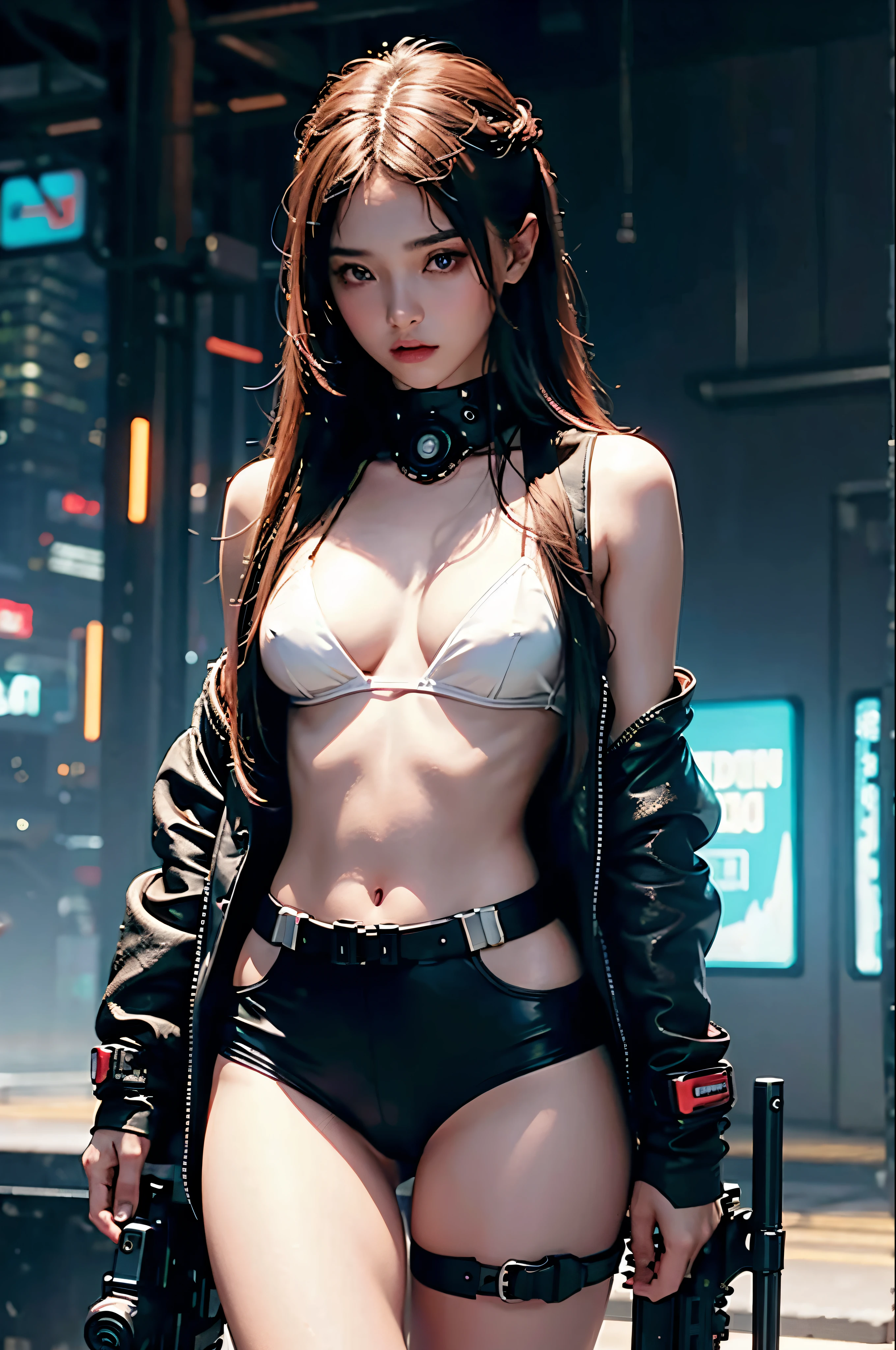 Beautiful girl small breasts, long hair, machine arms in cyberpunk scene