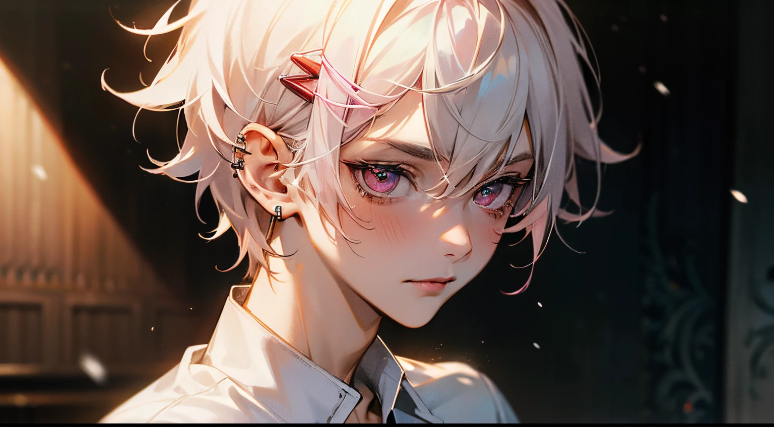 1man, solo, handsome man, 20s, anime boy, smiling, messy hair, very short snow white hair, pale pink eyes, hair clips, ear piercings, drunk, blushing, skinny, toned, portrait, gore, blood splatter, dark themes, wounds, boyish, loose casual clothing, ominous, blood, mafia, accessories, stylish, indoors, bar, wine, instrospective, unique expression, expressive, （Eye 1:1，pink eyes，Elaborate Eyes，Delicate pupils，Details of the eyes，good eyes）cute, CG art,  pale skin, expressive, detailed background, concept art, glow, masterpiece, high quality, cinematic lighting, 8k, (((top-quality)))、((ultra-definition))、(High Definition CG Illustration)