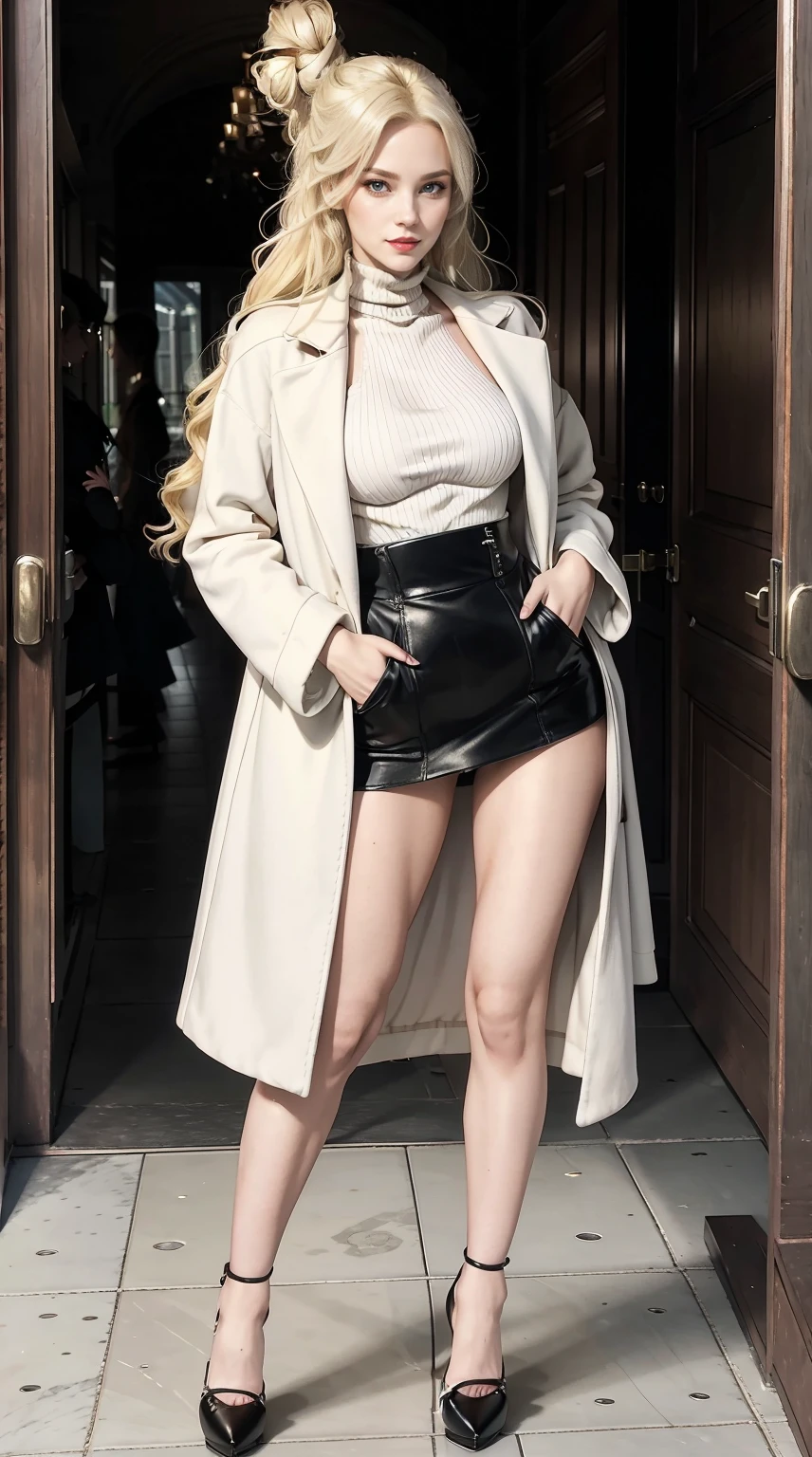 a 25yo woman、Hair color is blonde、Eye color is blue、Long hair is wavy、Hair tied back、wearing eye shadow and lipstick、accessories on wrist、Slender but well-proportioned muscular body、Wearing a long coat over a high-neck zipper-up top、She is wearing a tight skirt with a deep slit.、hands in the pockets of a long coat、I'm wearing high heels、a smile、In front of the glass door leading to the courtyard in the hallway of the Palace of Versailles.