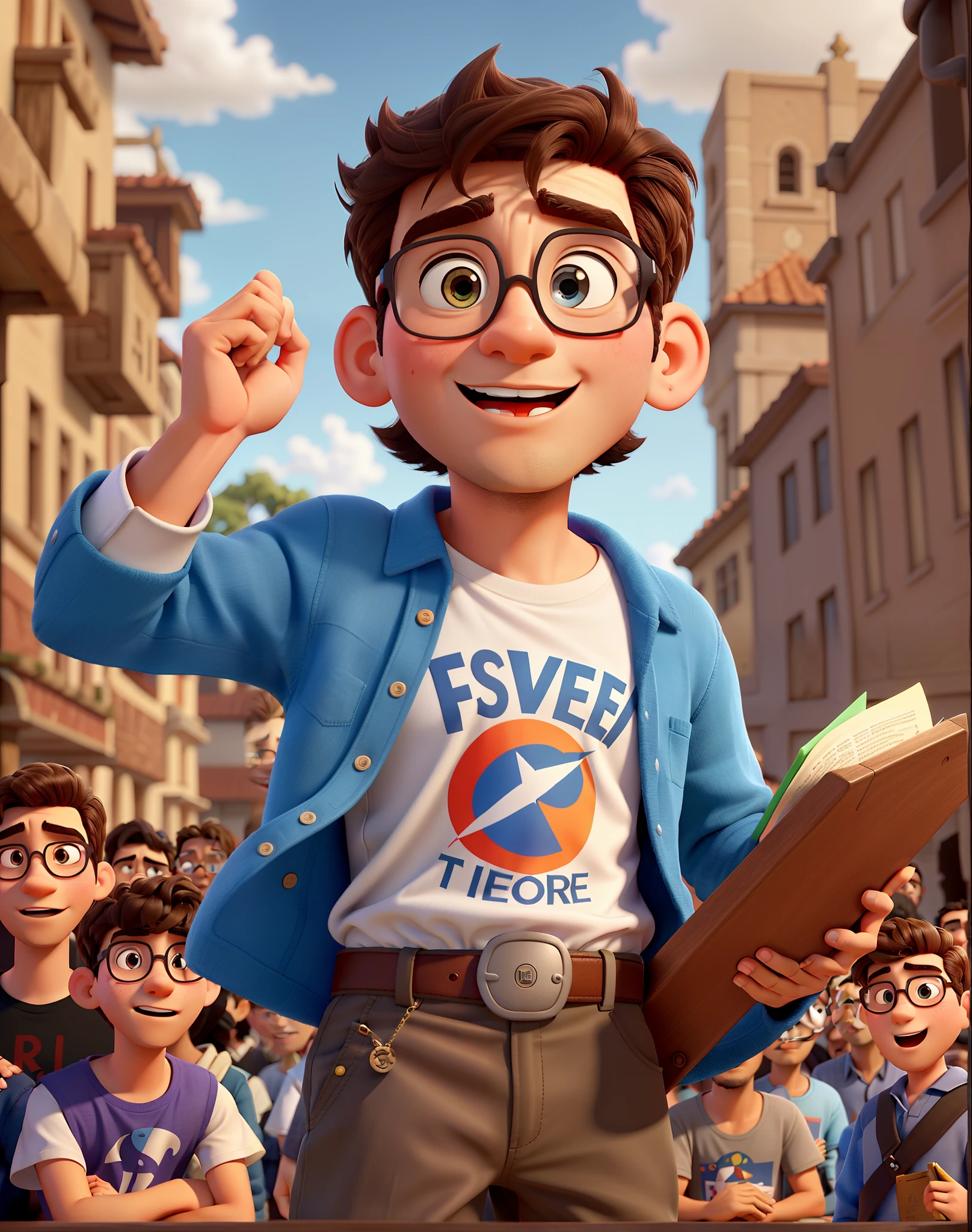 estilo poster de filme pixar, Young Christian Man Preaching Bible to a Crowd, de oculos redondos, falando eloquentemente, cabelos castanhos e ondulados,
