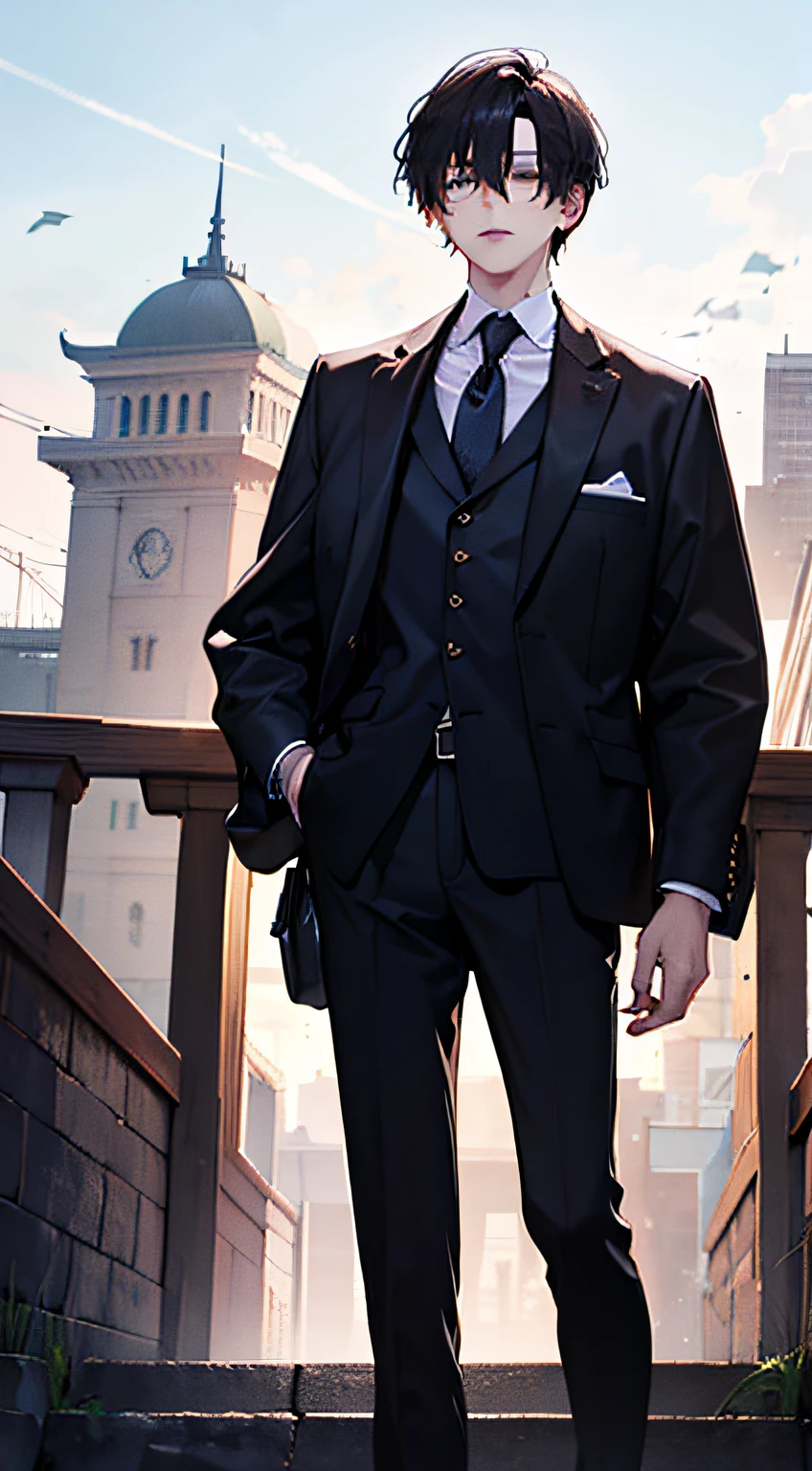 He is dressed very formally，buisness suit，tics，leather shoes，Wearing a mechanical watch on your wrist，Even looking from top to bottom，You can also see that he is tall and straight，Excellent proportional symmetry、tall nose bridge、The jawline is very clear、thick eyebrow，Narrow eyes，The bridge of the nose is straight，Excellent jawline，lips a little thinner，red lights。