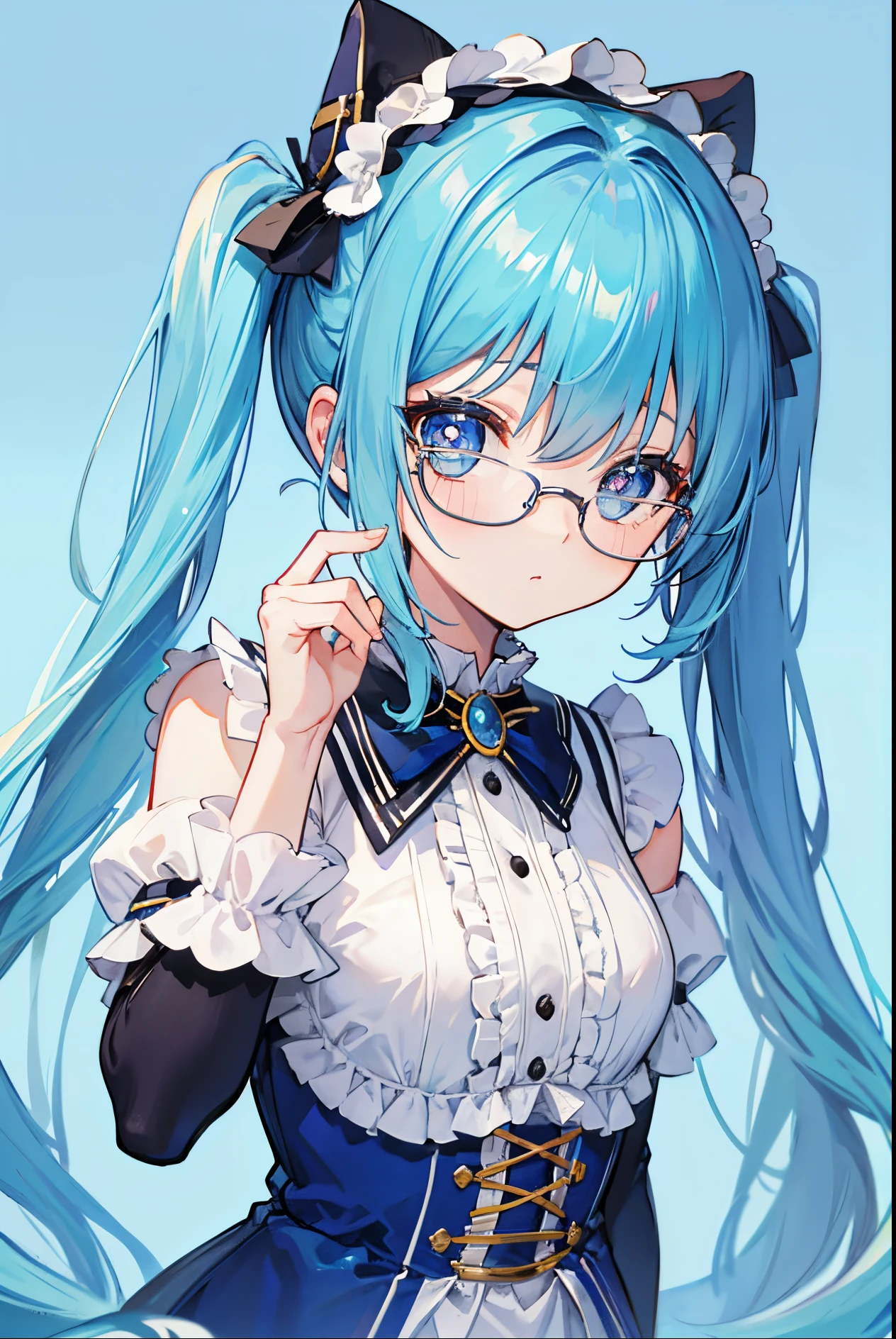 careless，Glasses lady，Cute little ta with light blue twin tails，Little cute，Moe girl，Soft and cute，Cute and cute，Blue-gold pupils，Golden decoration