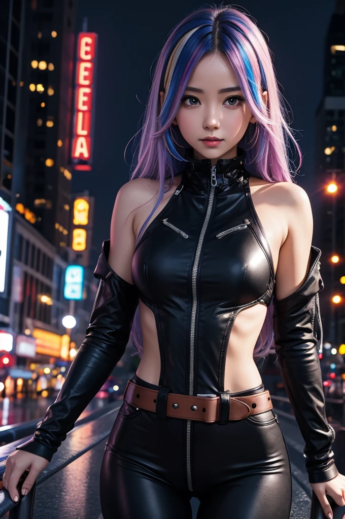 portrait, 1 girl, beautiful face, asymmetrical hair, multi-colored hair, belt, bodysuit, covered mouth, covered navel, detached sleeves, grey eyes, hip vent, open jacket, cute, look at viewer, night city, neon, rainy,