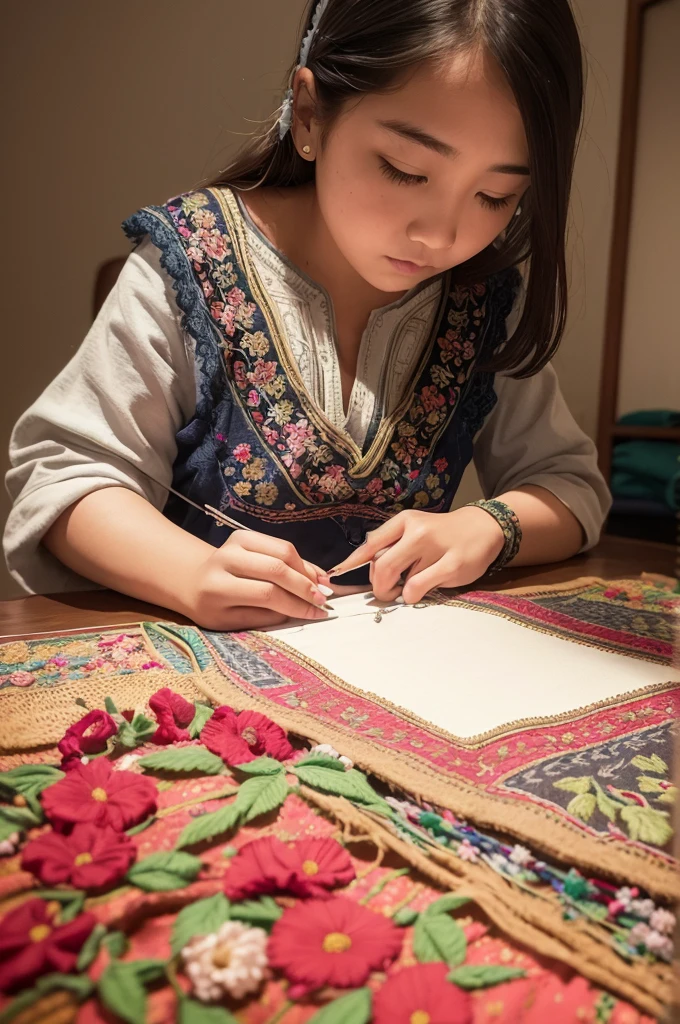 A girl embroidering a delicate pattern on a fabric, beautiful detailed stitches, intricate needlework, vibrant colored thread, intricate floral design, traditional embroidery techniques, meticulous attention to detail, embroidery hoop, hand embroidery, soft cotton fabric, vintage embroidery style, exquisite artistry, fine and delicate needlework, precise and precise stitches, artistic craftsmanship, creative expression through embroidery, intricate embroidery motifs, needle and thread, skilled embroidery artist, embroidery as a form of self-expression, artisanal embroidery tradition, cultural heritage, timeless beauty, intricate threadwork, intricate patterns, embroidery as a meditative practice, handcrafted embroidery, precision and patience in embroidery, artistic intricacy, intricate textures, embroidered flowers and leaves, delicate embellishments. (best quality, highres)