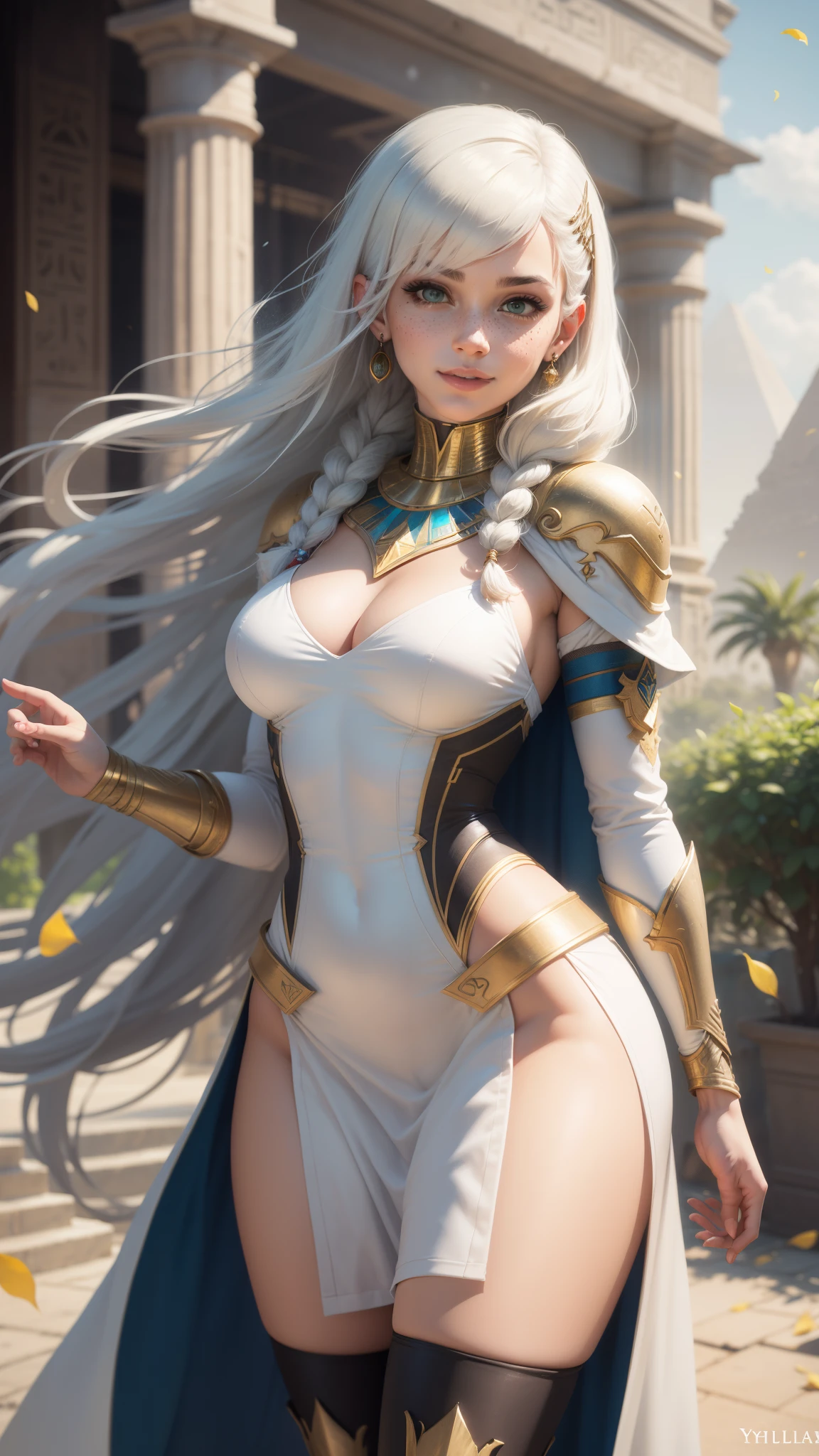 gwen tennyson,yorha 2b,tracer,y'shtola rhul,solo girl,overwatch,atelier ryza,close up,meadow view,tattoos,royal yellow and white plugsuit,white short sleeve egyptian leotard,full plate egyptian armor top,white long pharaoh skirt,white egyptian corset,pharaoh makeup,green eyes,long straight multicolored silver hair,long dress train,sexy smile, freckles,beautiful girl,white egyptian thigh high boots,large breasts,8k,ultra detailed,realistic,fantasy art,egyptian pharaoh uniform,egyptian goddess dress,ear piercings,egyptian hand and neck jewelry,(weather:windy),long white egyptian cape,ancient Egypt,pharaoh hair pin,flower petals flying,egyptian pyramid,egyptian Nile river garden,