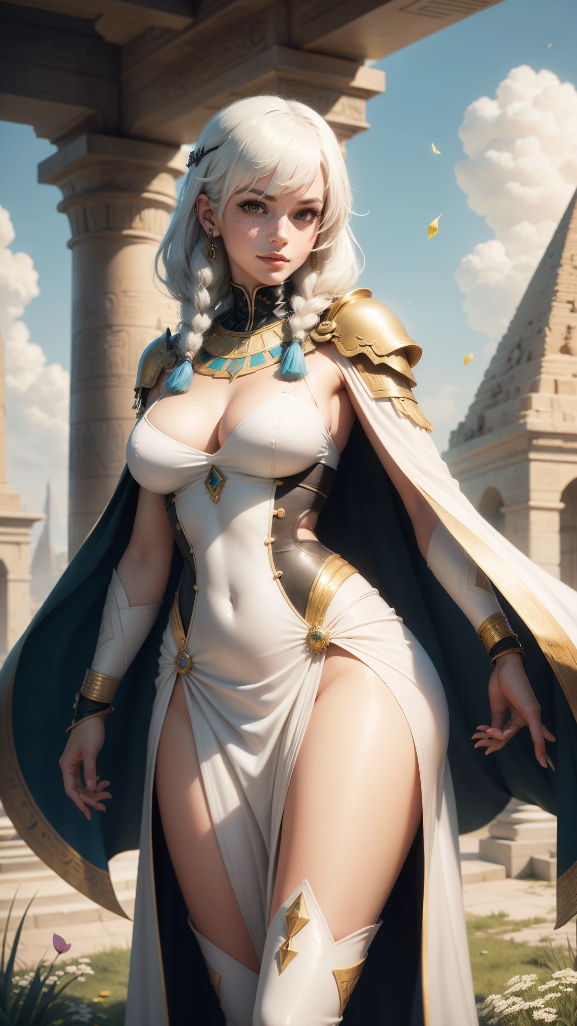 gwen tennyson,yorha 2b,tracer,y'shtola rhul,solo girl,overwatch,atelier ryza,close up,meadow view,tattoos,royal yellow and white plugsuit,white short sleeve egyptian leotard,full plate egyptian armor top,white long pharaoh skirt,white egyptian corset,pharaoh makeup,green eyes,long straight multicolored silver hair,long dress train,sexy smile, freckles,beautiful girl,white egyptian thigh high boots,large breasts,8k,ultra detailed,realistic,fantasy art,egyptian pharaoh uniform,egyptian goddess dress,ear piercings,egyptian hand and neck jewelry,(weather:windy),long white egyptian cape,ancient Egypt,pharaoh hair pin,flower petals flying,egyptian pyramid,egyptian Nile river garden,