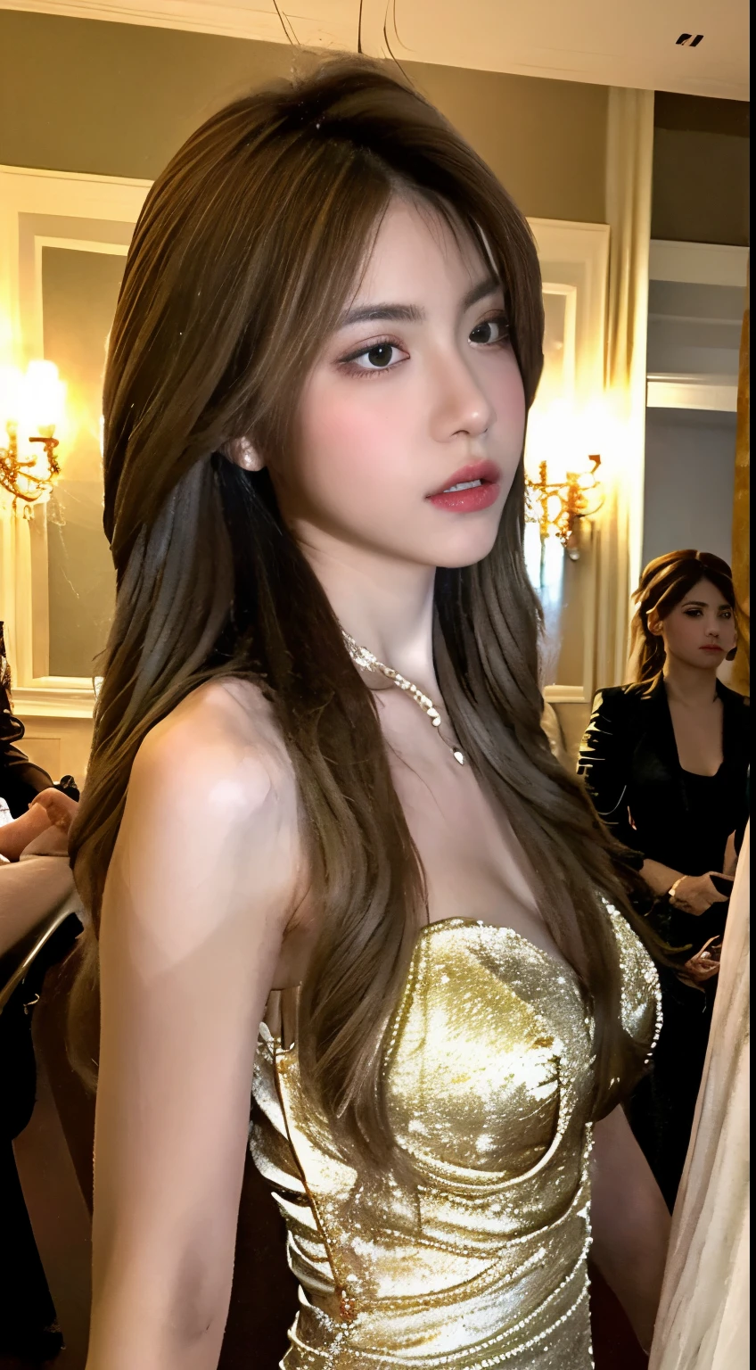 A girl in a ballroom, talking to another girl. Formal clothing. Beautiful detailed eyes, beautiful detailed lips. Long eyelashes. Elegant posture. Professional, high-quality, ultra-detailed, realistic. Medium: oil painting. Soft lighting, warm color tone. Realistic, lifestyle type picture, clear details