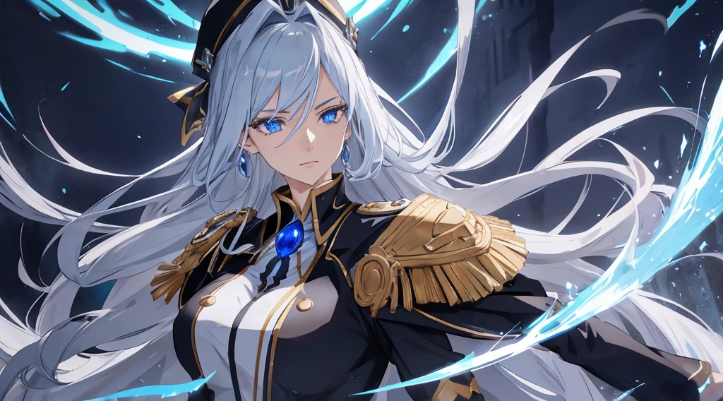 Masterpiece, best quality. 1 Anime lady ( woman), Solo, (Look at viewers) . Stern looks. She wearing black epaulette dress, black commander hat, have glowing light blue eyes. She have very long white hair. Floating hair. There's God Ring behind her. Ring of God. Cinematic light. (War, destroyed ground, Ashes flowing). Releasing power. blue aura. Eyes glowing.