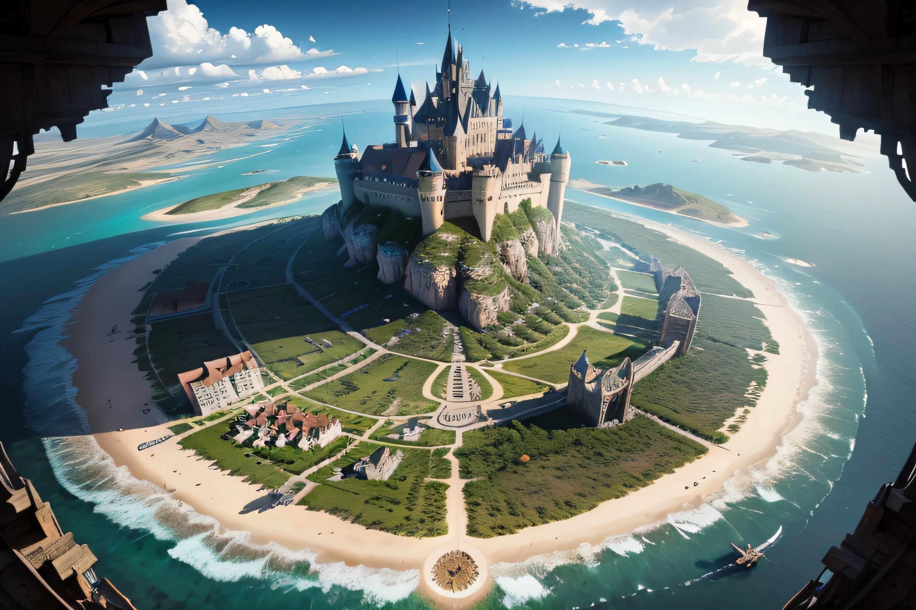 A view from the sky of an island , arte conceitual, ((Top-down view)), ((mapas em miniatura)), ((6 tipos de terreno)) , neve , deserto, Floresta, Rios , lowlands, mar. luz normal, casas e castelo de estilo medieval, many cities, ((View from above)), Satellite photo, texturas detalhadas