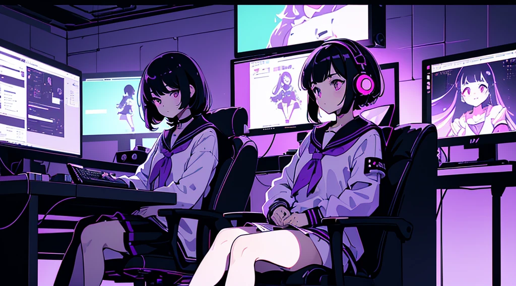 (2 girls, black hair, purple eyes, sailor suit, headphone, sitting in a chair, kawaii), (purple cyberpunk, room with big monitors, purple neon), (low contrast, chromatic aberration, flat color, limited palette, ligne claire)