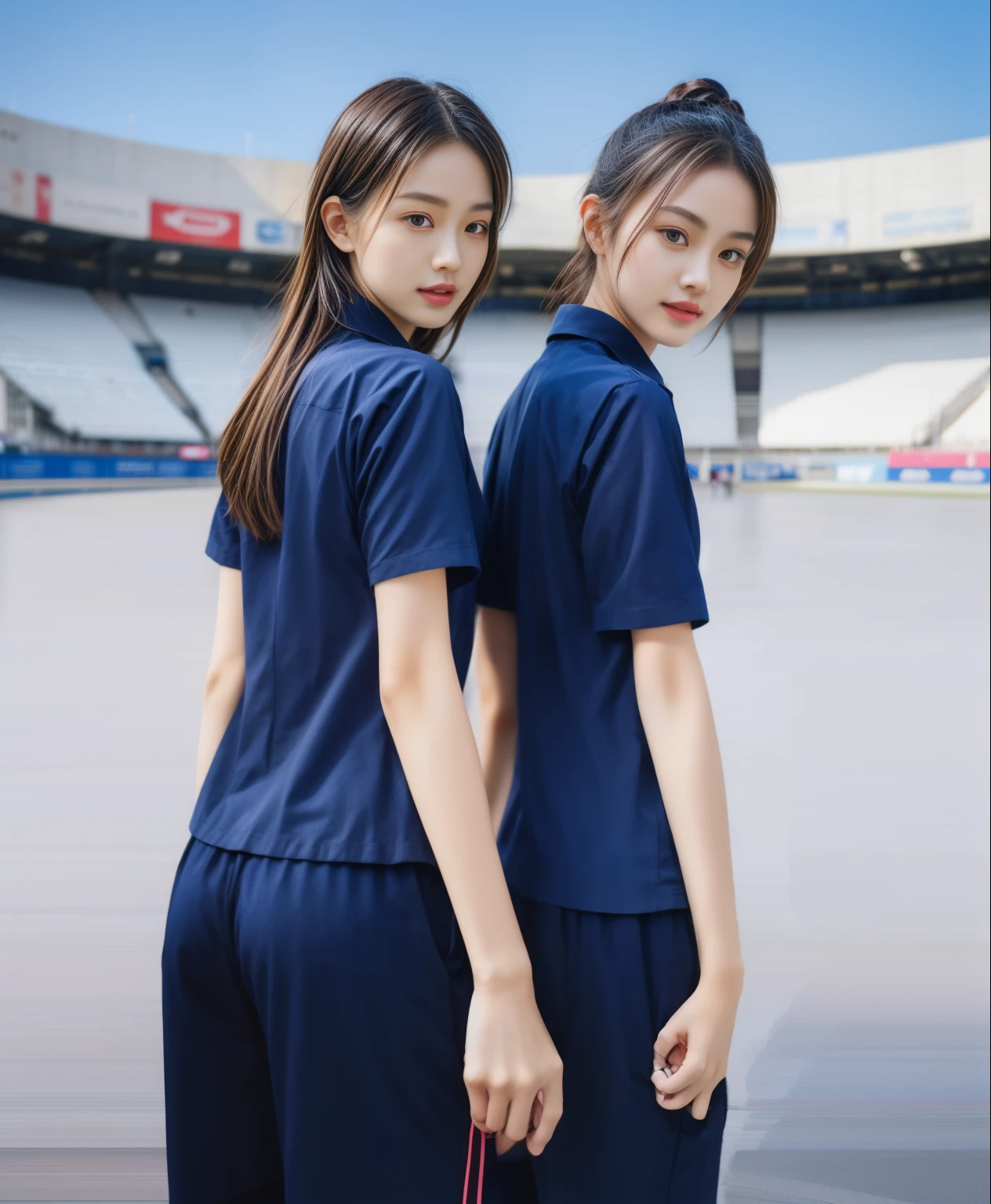 (bestquality,10,10,highres,masterpiece:1.2),ultra-detail,(Realistic,photorealistic portrait,photo-realistic:1.37),1 Cute girl in the football field,oily shiny skin,bara,light smile,BDclothelue shirt:1.3)),short sleeves,shirt, trousers.,(navy_long_Pants Track:1.1), ((Stadium Background:1.3)),dynamic angle,excited,face focus,Dynamic Poses,from behide,Ass Focus,masterpiece, bestquality, ultra realistic, hyper-detail, 8k resolution, RAW photo, crisp focus, ((Navy blue shirt:1.1)), short sleeves, Long Path, Perfect body, 2 mature women, 18yo, cinematic light,Blue sweatpants,Gymware,Correct anatomy,Complete body, Correct body, sharp face, Anatomically correct body, full entire body, Realistic gestures, long-haired, Realistic poses,Wear long shorts..........................................,Long leg span,Shapely,Sculpting Girl, Slender Figure, mannequin mannequins, Shapely, Beautiful body,Blue sweatpants, Two girls kissing