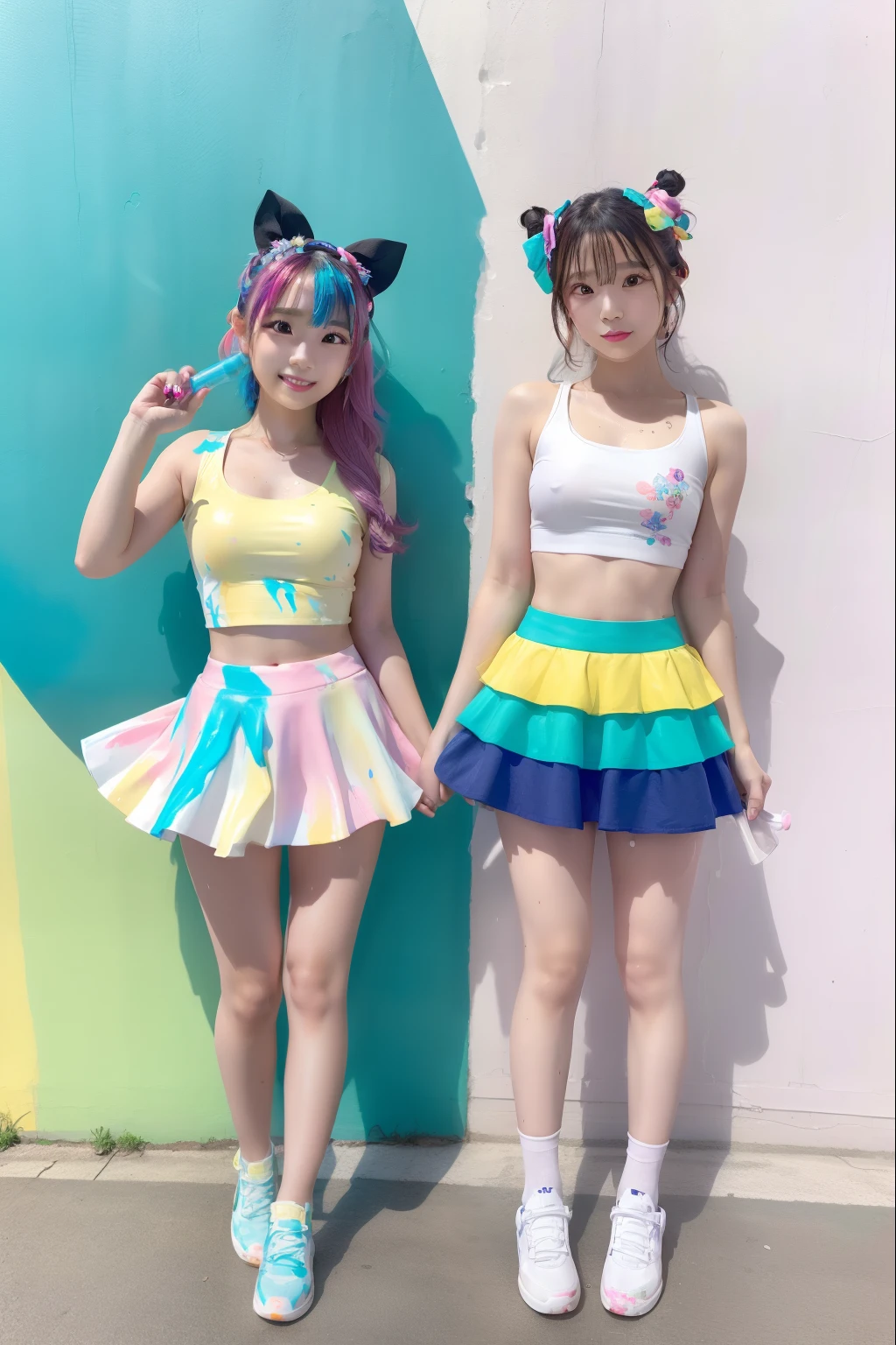 two girls,Female idol covered in paint(Cute costumes)、Reluctant、full body Esbian、Point a colorful water pistol at the camera、Painted walls、colourful hair、a miniskirt