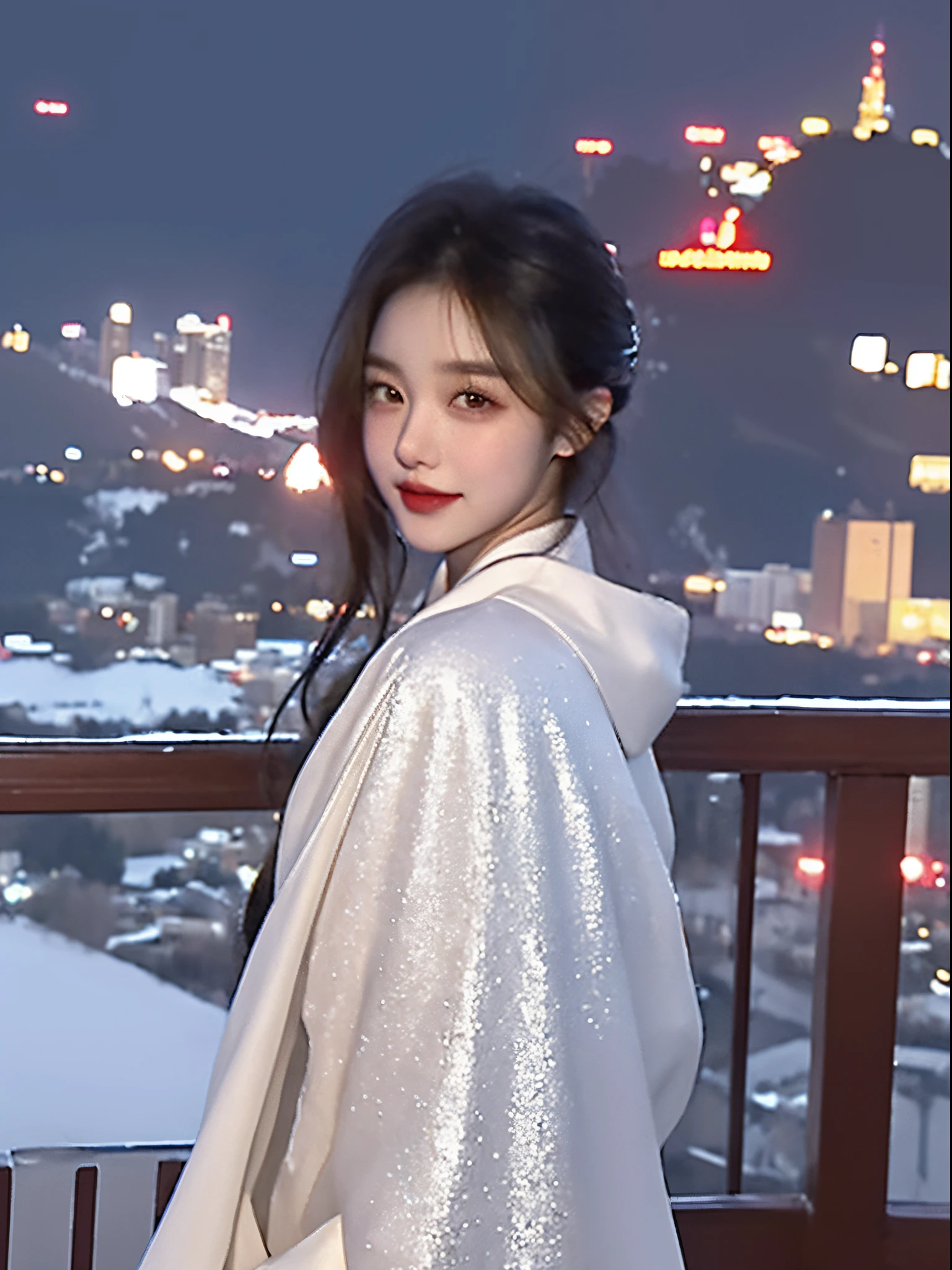 A pair of women in white robes stand on a balcony overlooking the city, White skin of the, Inspired by Ma Yuanyu, 8k artistic german bokeh, ☁🌪🌙👩🏾, Yoo Lee Ji-eun plays the super villain, Urzans, palace , A girl in Hanfu, My background is only snow, Korean girls