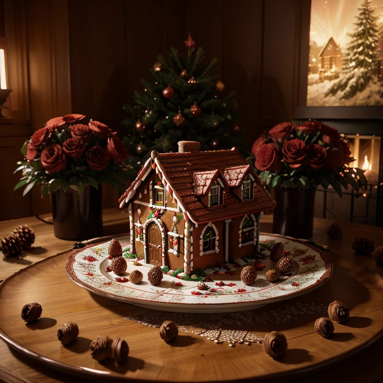 collectible red ceramic plate, detailed fabulous New Year's landscape with a gingerbread house; stand; New Year's background flowers pine cones + coherent, intricate concept art, high octane rendering, detailed details, mysticism, horror, realistic photography, cinematic, lumen lighting