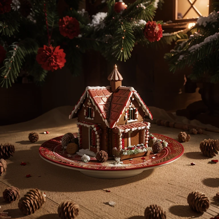 collectible red ceramic plate, detailed fabulous New Year's landscape with a gingerbread house; stand; New Year's background flowers pine cones + coherent, intricate concept art, high octane rendering, detailed details, mysticism, horror, realistic photography, cinematic, lumen lighting