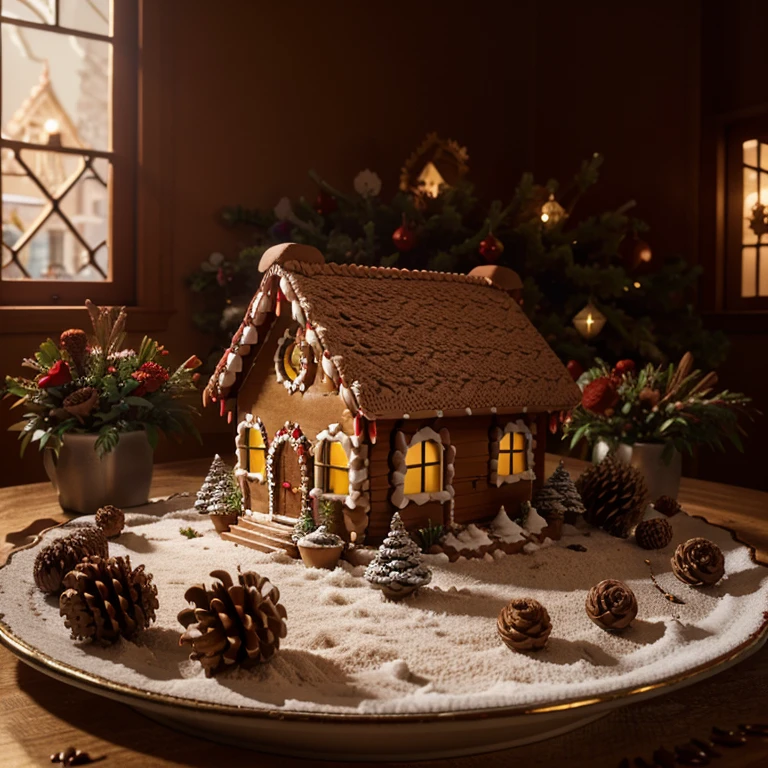 collectible red ceramic plate, detailed fabulous New Year's landscape with a gingerbread house; stand; New Year's background flowers pine cones + coherent, intricate concept art, high octane rendering, detailed details, mysticism, horror, realistic photography, cinematic, lumen lighting