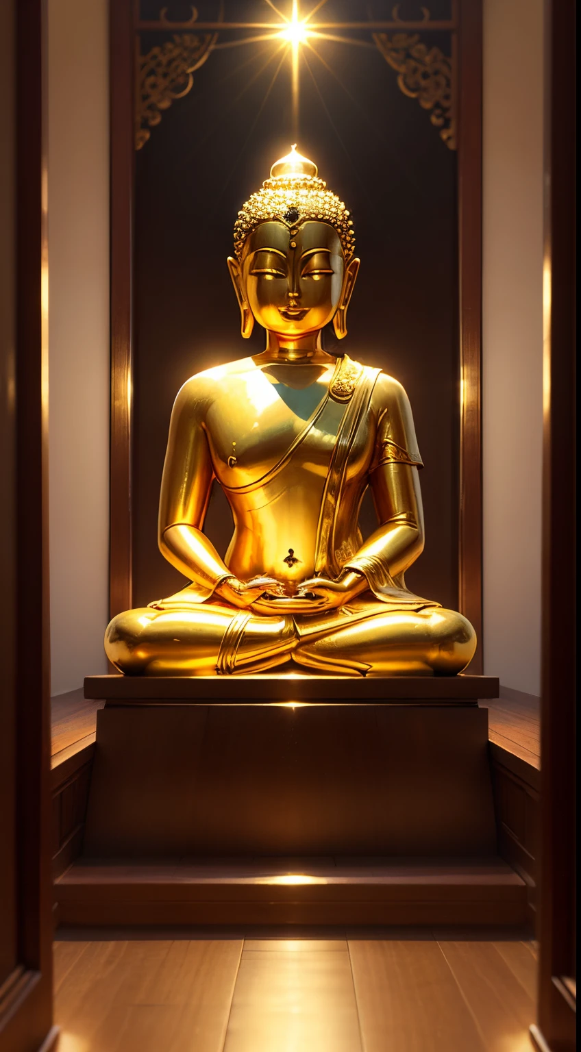 Golden Buddha statue with a shining halo, buddhism, the buddha, budista, Buddha, samsara, Enlightenment, beautiful gold saint, Spiritual enlightenment, Pushkaraka, Enlightenment, buddhist art, Shining golden aura, Enlightenment. Convoluted, on path to enlightenment, on path to enlightenment, radiating golden light