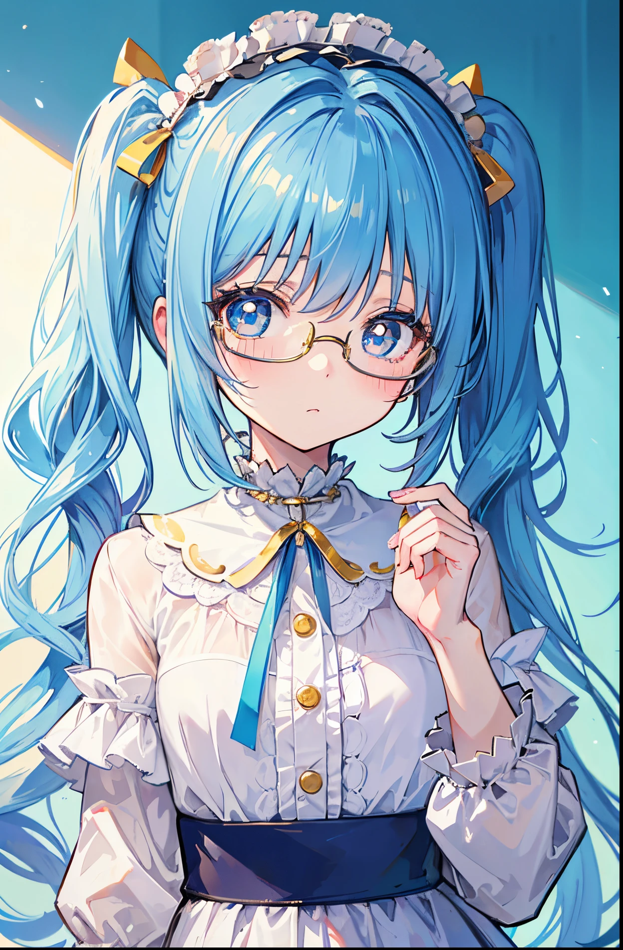 careless,Glasses lady,Cute little Lolita with light blue twin tails,Little cute,Moe girl,Soft and cute,Cute and cute,Blue-gold pupils,Golden decoration