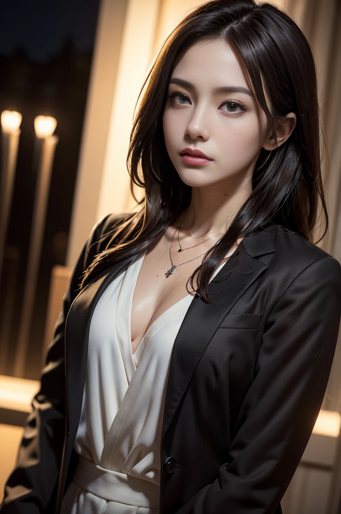 (Photoreal Stick:1.5, masutepiece:1.5, 8K), (top-quality, masterpiece, 超A high resolution), Highly detailed skin and facial texture:1.Professional camera work:1.3, Mystical portrait:1.3, Grow Light Effect, Cinematic Light, Perfect dynamic composition, The ultra-detailliert, Model body type, Clear face, Detailed hand, Beautiful and detailed eyes, looking away from viewer, Totally loves you, V-neck shirt, Black Tailored Suit, Suit jacket, night view at night, dark brown hair, Small breasts, a necklace, Close-up portrait