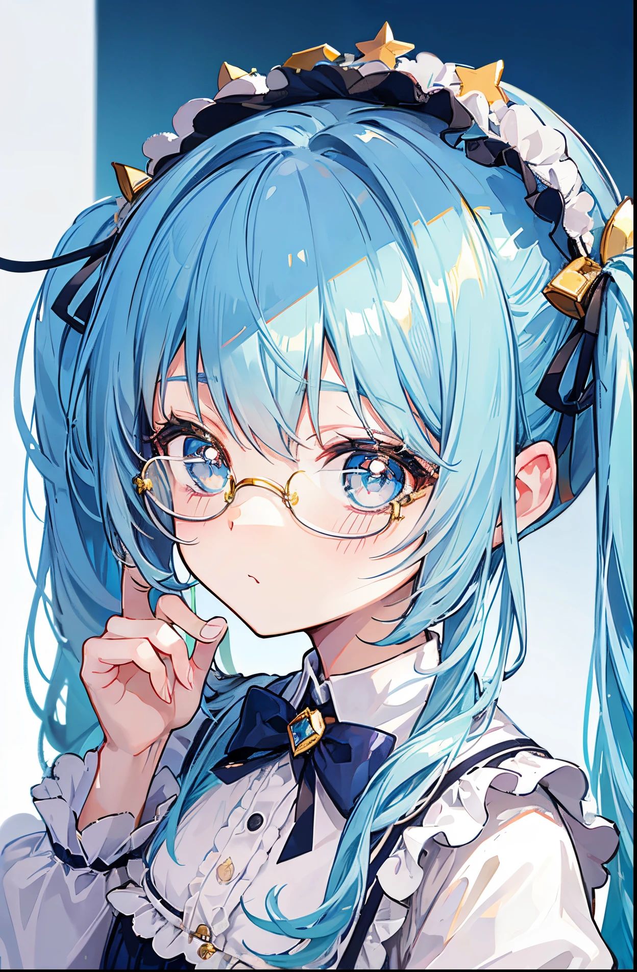 careless,Glasses lady,Cute little ta with light blue twin tails,Little cute,Moe girl,Soft and cute,Cute and cute,Blue-gold pupils,Golden decoration