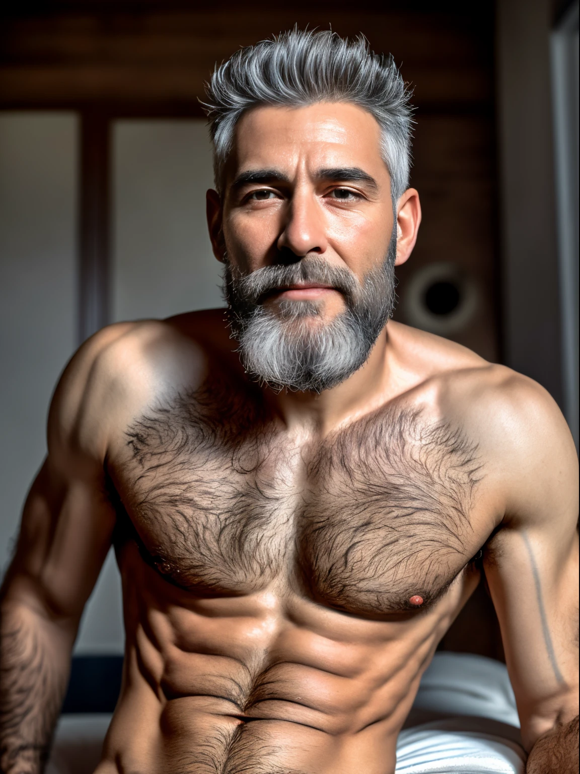 masterpiece, best quality, high resolution, closeup portrait, male focus, solo focus, A man, 55 years old, very skinny body, silver grey hair, thick long beard, a male, body tattoos, thick long scruffy beard, messy hair, pretty face, detailed face, bare chest, body hair, hairy chest, very hairy body, facial hair, goatee beard, very hairy legs, not shaved, skinny lean body, dimples, cute attractive face, view from below, wearing dirty white briefs, sfw, roman nose, freckles, looking french, visible dark pubic hair, cute face, dimples, model attractive face, in the background a luxurious bedroom, seductive sexy smirk, unshaved, amazing composition, morning light, HDR, ultra quality, elegant, highly detailed