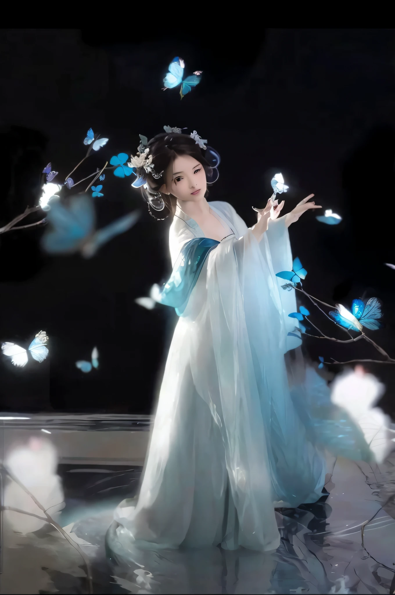 Fide woman in blue dress holding butterfly, ancient chinese beauti, EtherealBeauty, chinese fantasy, xianxia fantasy, inspired by Tang Yin, 宮 ， A girl in Hanfu, Hanfu, white hanfu, beautiful fantasy empress, Princesa chinesa antiga, Inspired by Qiu Ying, Inspired by Ma Lin, Ethereal fantasy