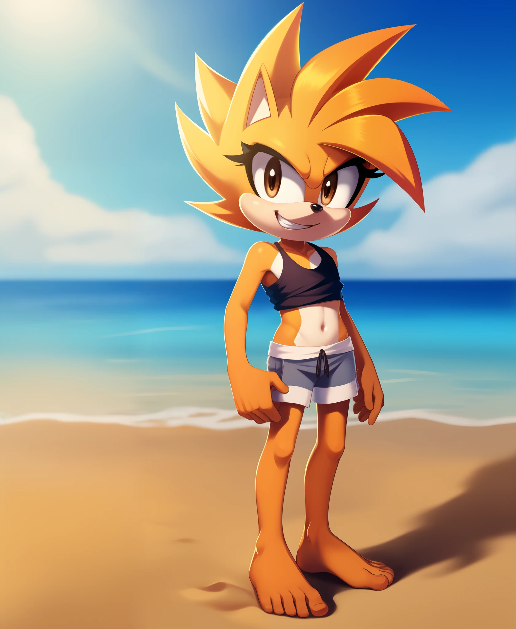 beautiful, masterpiece, beach background, best quality, Edward, tomboy, tan skin, orange hair, spiked hair, brown eyes, , barefoot, detailled image, detailed face, perfect lighting, perfect shadows, perfect eyes, perfect hands, perfect hair, perfect face, grin, solo, center focus, looking at viewer, navel, small body