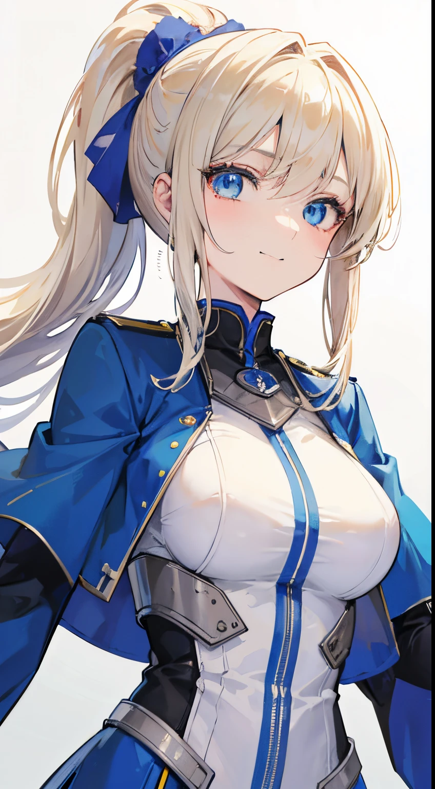 18 year old beautiful girl, Big blue eyes, Petite and slender, , ((Beige hair,)),(Hair in the ponytail on the left side), in 8K, of the highest quality, (Highly detailed head: 1.0), (Very detailed face: 1.0), (very detail hair: 1.0),(Obscene white combat uniform with high exposure,), Detailed official artwork, anime moe art style, clean detailed anime art, Cool smile