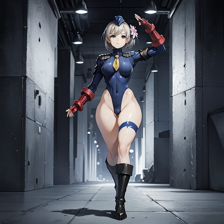 ultra-detailed, Explicit, Beautiful body, Beautiful Nose, Beautiful character design, perfect eyes, perfect face, ultra highres, 4K, beautiful legs, perfect legs, Nice hands, Perfect hand, Masterpiece, Best Quality, Highly detailed, illustration, absurdres, street fighter, doll suit, shadaloo doll, dollsuit, girls, multiple girls, expressionless, blank eyes, looking at viewer, red gloves, emotionless, black latex, corrution, mind control, female combatant, full body, hypnotized, unhappy trance, full body suit, ribbed bodysuit, both arms at side, stand up straight, obey, perfect female body, extremely glossy latex, hypnosis, hypnoLora, empty eyes, Mind control device, poses, brainwashed, submissive_pose, Slave, hat, necktie, stand up straight, standing, standing at attention, belt, extending the right arm from the shoulder into the air with a straightened hand, nazi saluting, military, military saluting, salute, right hand saluting, left hand at side, latex, ribbed bodysuit,  garter belt, 13 Sentinels: Aegis Rim, Fuyusaka Iori, hair flower, hair ornament, flower, white flower, grey hair, grey eyes, highly detailed city background