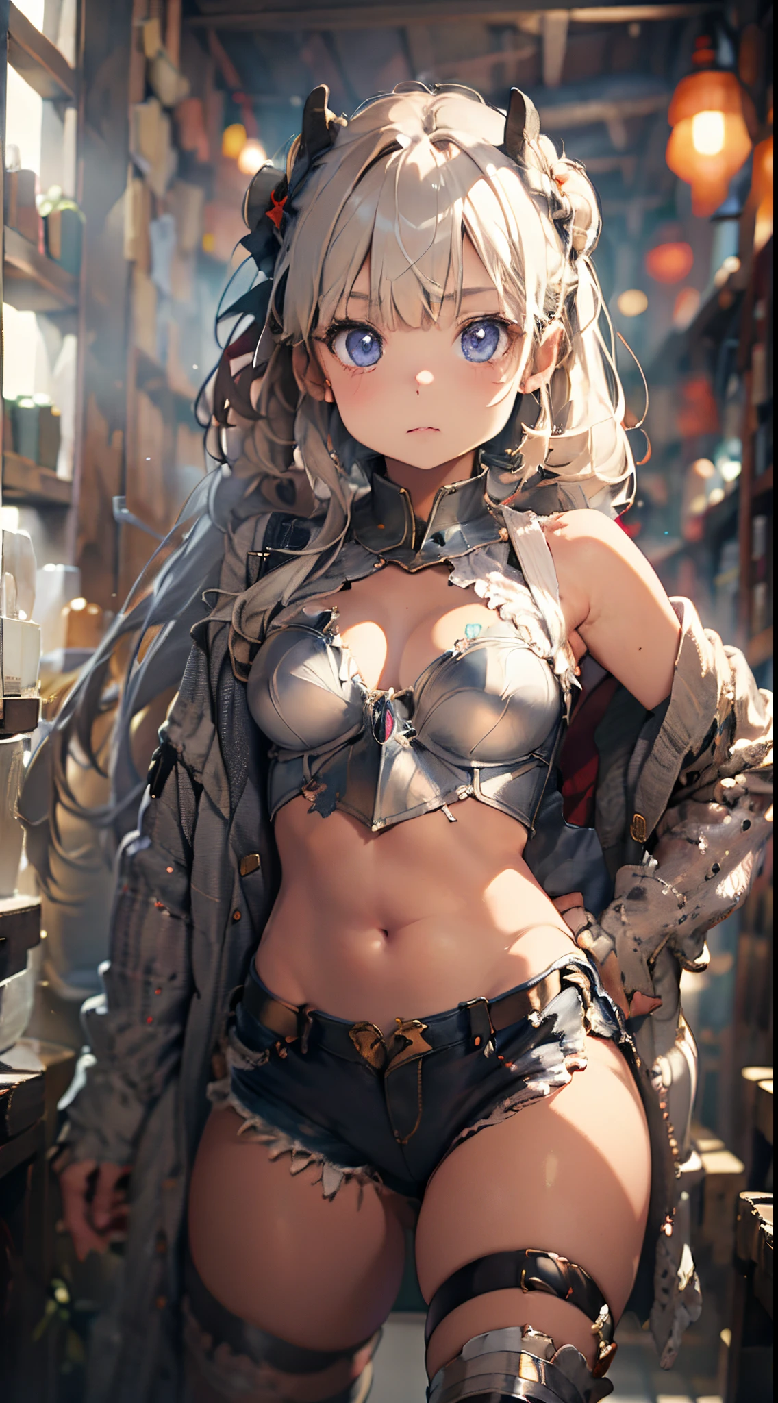 (The highest image quality, master piece:1.2), (Ultra Definition Illustration), (very cute  girl:1.3), (1 girl:1.2), Solo, (short blond hair), gorgeous red bikini armor, rpgroyal, bare shoulder, armpits, sleeveless, embarrassed,