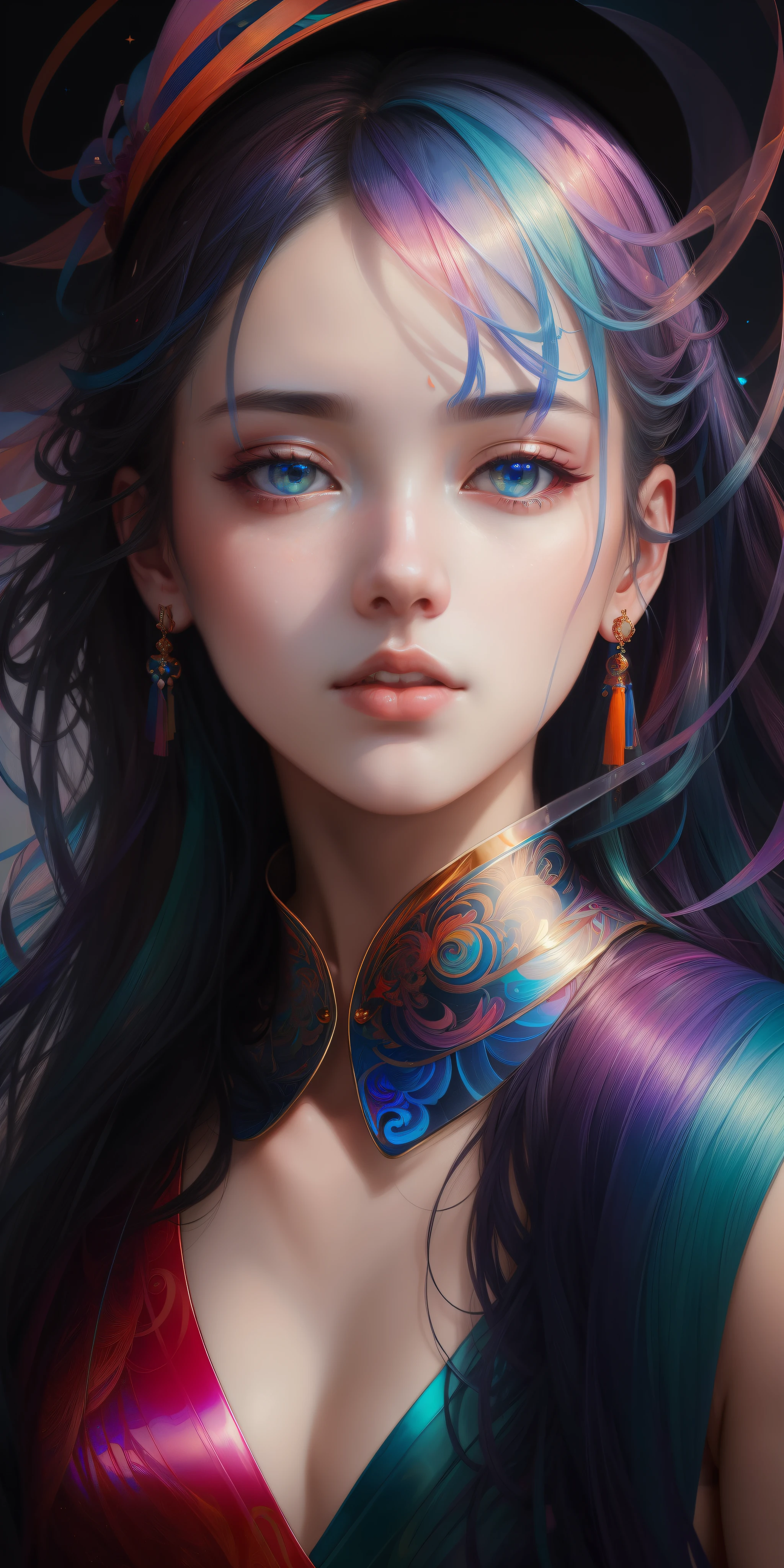 _james jean, floating female figure made of ribbons, smoke, in the sky, colorful and vibrant, mystical colors, contemporary impressionism, yanjun cheng portrait painting, iridescent painting, 3/4 perspective view, cute face, low angle, sweeping circling composition, large beautiful crystal eyes, big irises, UHD, HDR, 8K, (Masterpiece:1. 5), (the most beautiful portrait in the world:1.5)