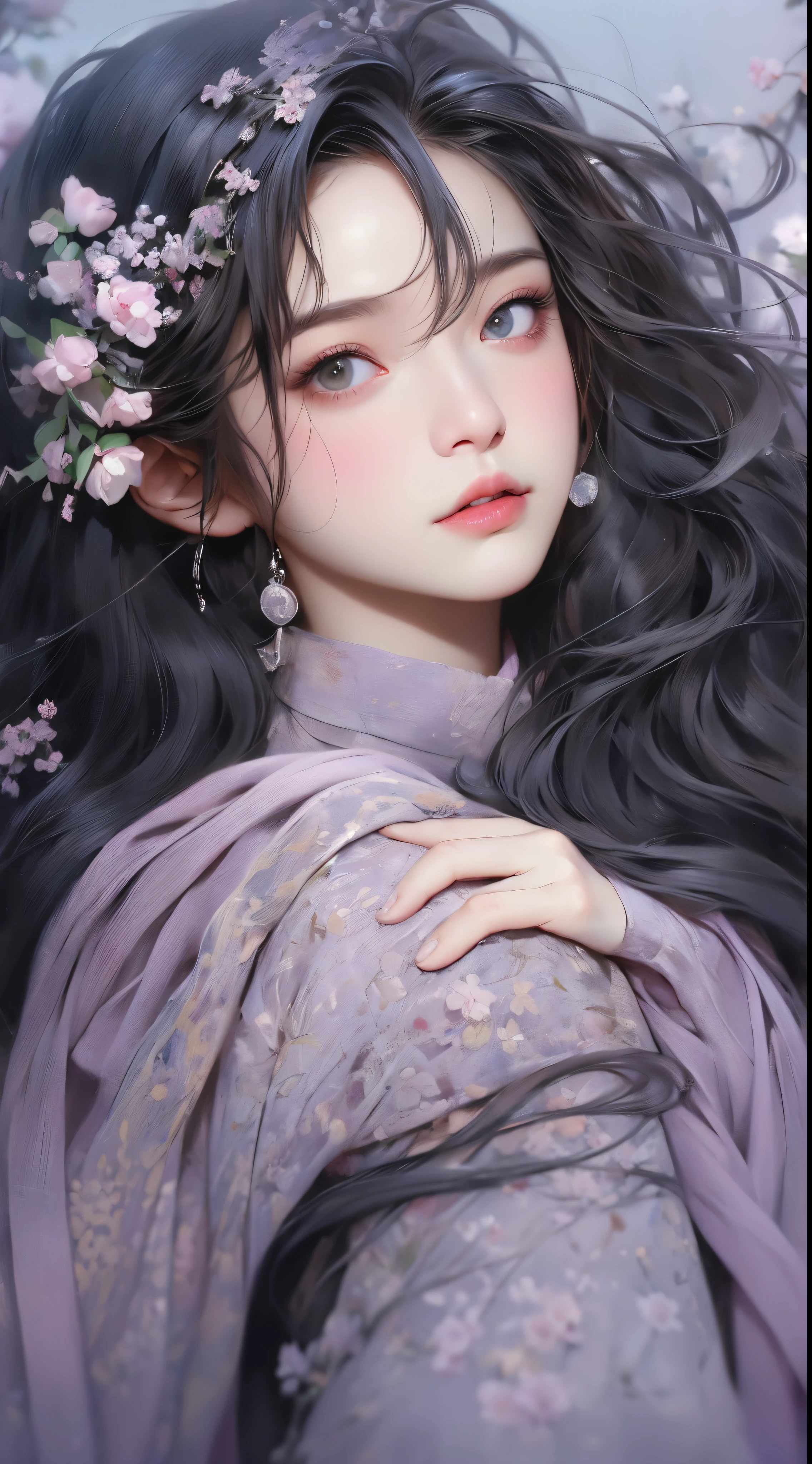 1 girl, close up upper-body portrait, Black hair, Flowing hair, Hazy beauty, with extremely beautiful facial features, purple embroidered dress, Head Hairpin, Lying on a bush of flowers, Hands on the face, Perfect Anatomy, white blossoms, (spring, rainy day, terraces, mountainscape), Vector art, Contemporary Chinese art, Soft light, Intertwined scarves, Looking down