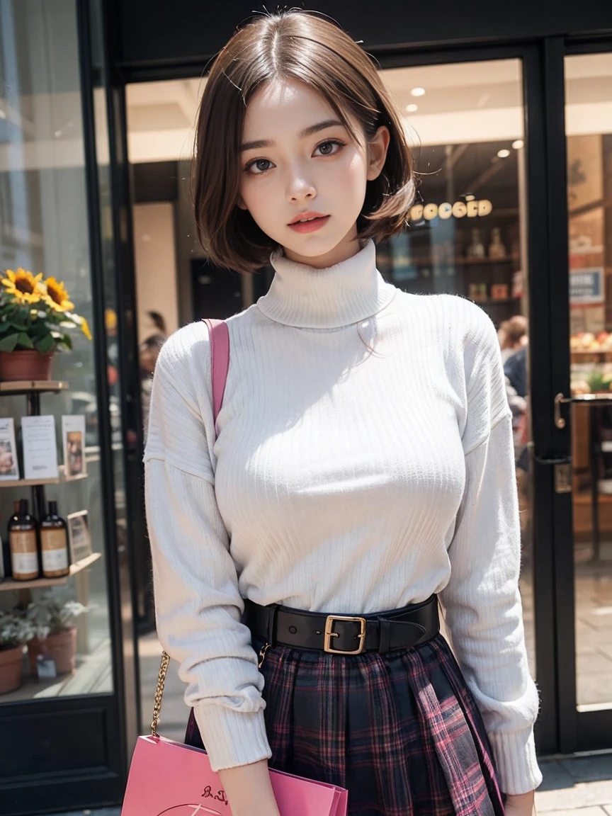 Beautiful girl standing in front of a store in a shopping mall,
(A hyper-realistic,hight resolution, ighly detailed:1.2), (8K), (beatiful detailed eyes, A detailed face:1.2), (top-quality), (ultra-detailliert), (( masutepiece)),Best Quality,Very detailed,
Beautiful woman standing wearing a dark red plaid single-breasted blazer ,BREAK, White Turtleneck Sweater Dress,BREAK,
High-waisted flared jumper skirt with blue belt,BREAK,
Black Medium Bob, Beautiful meticulous eyes, Cute face, Bust, Big Bossom, Beautiful meticulous face, Seductive smile,
25 years old, mature appearance, Realistic drawing art ,
1womanl, (Upper body shot Esbian:1.2),((Head to bust image scope)),I have a shopping bag with a sunflower pattern.