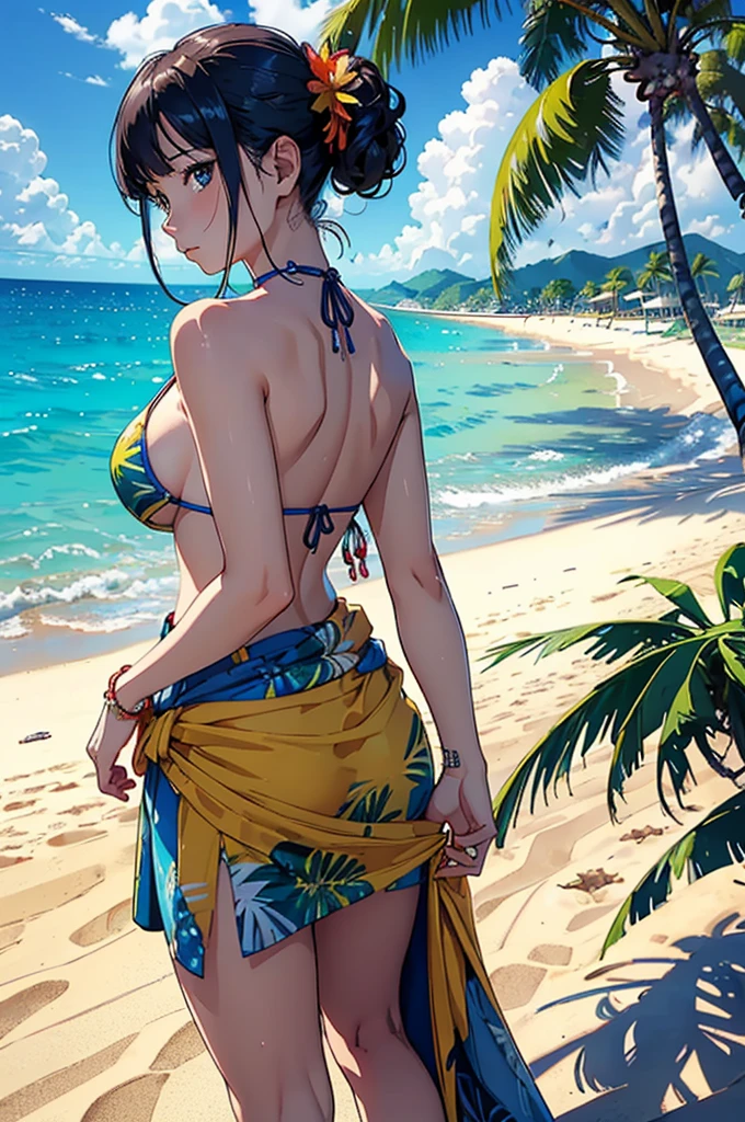 ​masterpiece、top-quality、超A high resolution、 [ 4 k digital art ]!!、 8k high quality detailed art、Wallpaper、 Detailed Digital Anime Art、Realisticity、Cinema Angle、hposing Gravure Idol、(((One Woman)))、(((Full body portrait of a beautiful woman from behind)))、((skip on the sand))、年轻、Bikini swimwear、(Ethnic patterns and primary colors wrapped around the waist and skirt)、Photorealistic perfect body、(((Beautiful tropical beach landscape photography)))、light Particle、llight rays、Tropical、Against the background of palm trees、on a sunny beach、Against the background of the sea、blur backgroun、